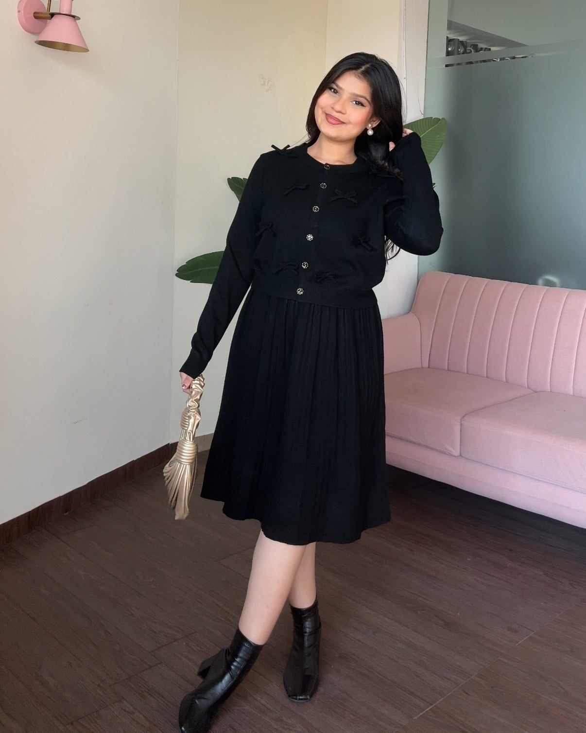 Bow Cardigan Detailing Winter Midi Dress