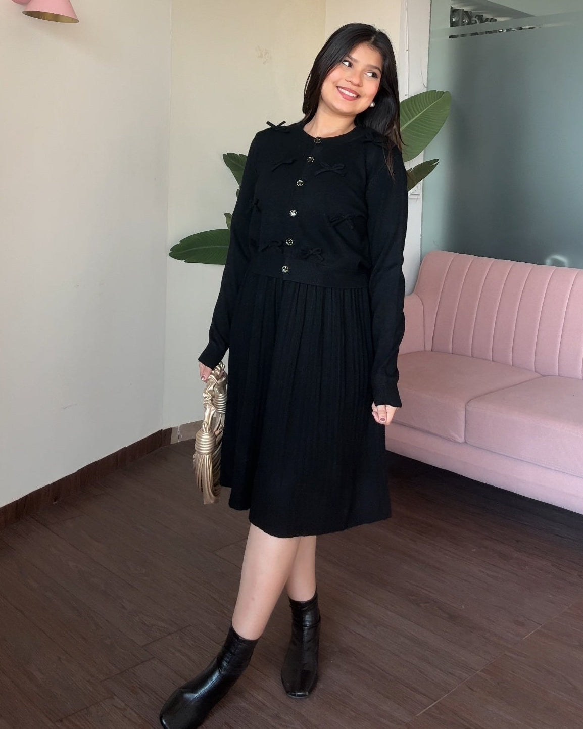 Bow Cardigan Detailing Winter Midi Dress