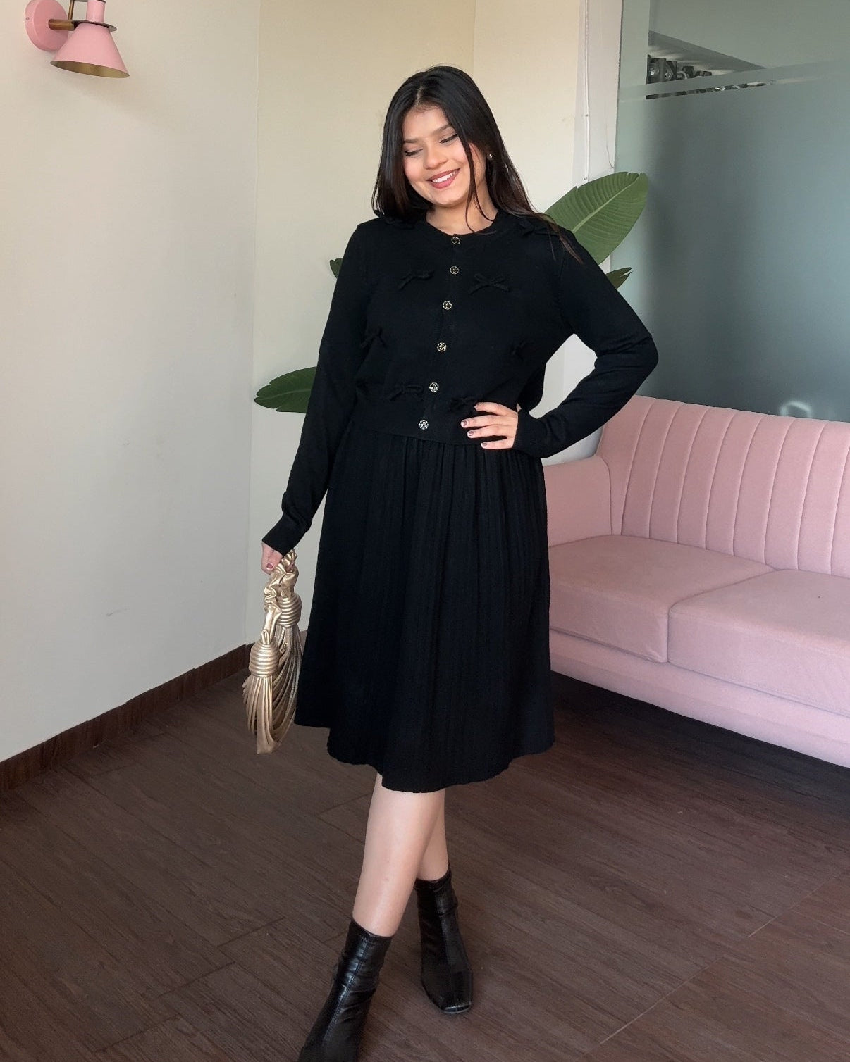 Bow Cardigan Detailing Winter Midi Dress