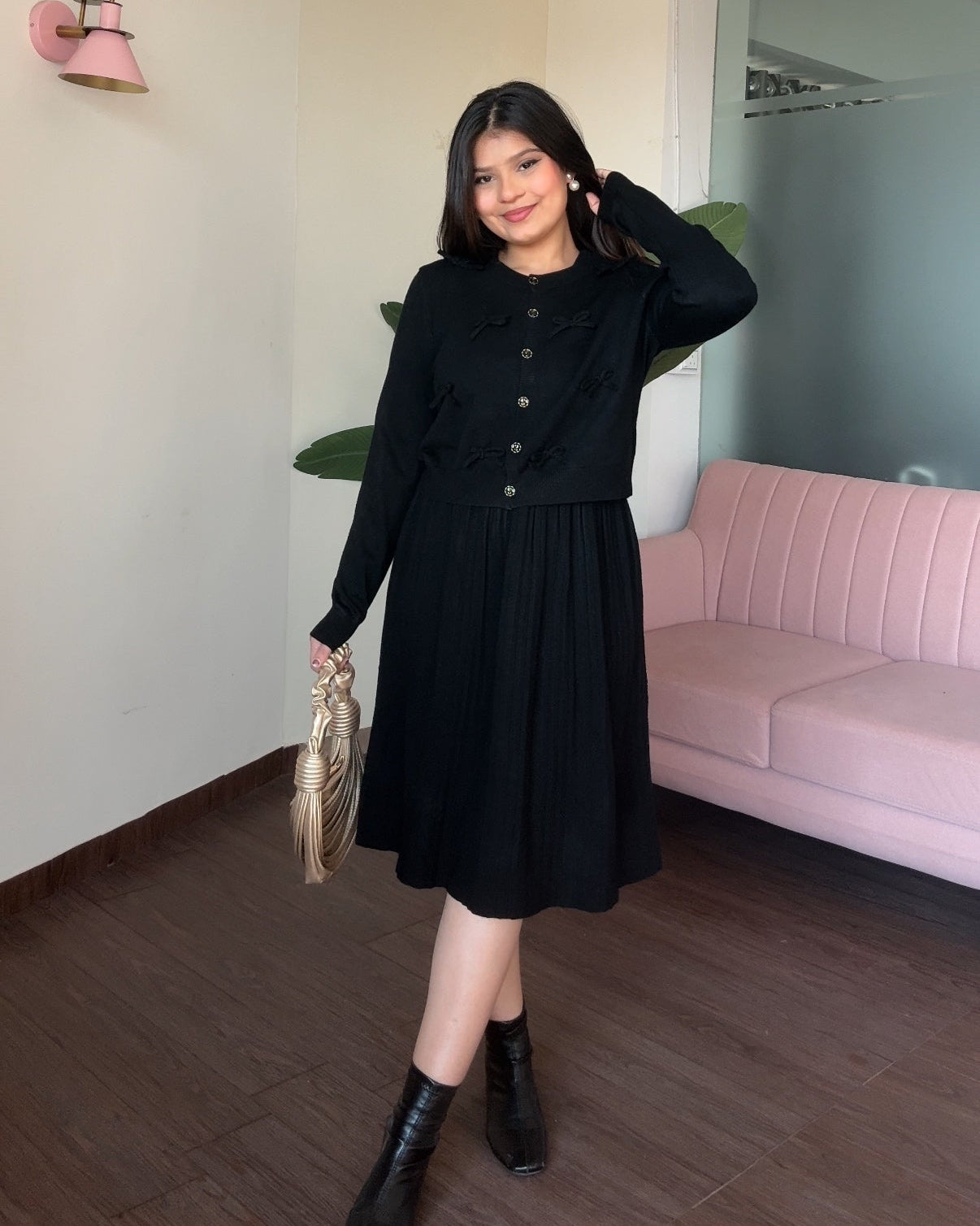 Bow Cardigan Detailing Winter Midi Dress