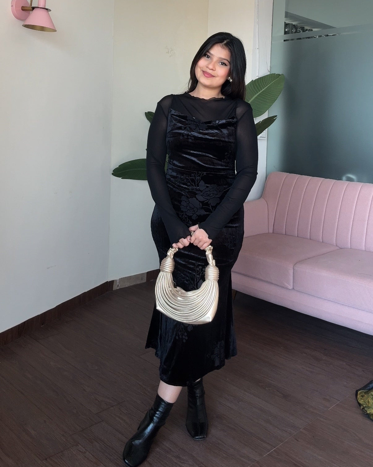 Printed Velvet Fitted Midi Dress With Inner