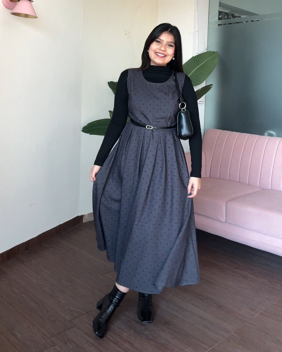 Polka Dot Detailing 3 Piece Winter Dress With Inner