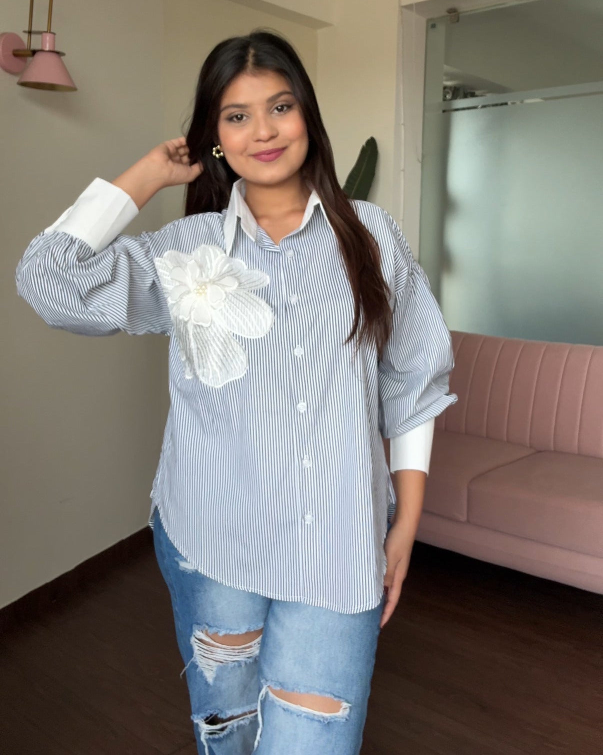 Pinstriped Oversized Balloon Sleeves Shirt With Flower Embroidered
