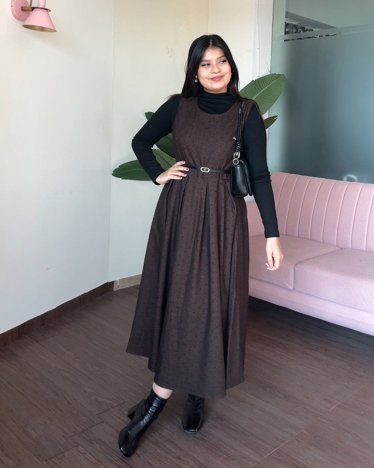 Polka Dot Detailing 3 Piece Winter Dress With Inner