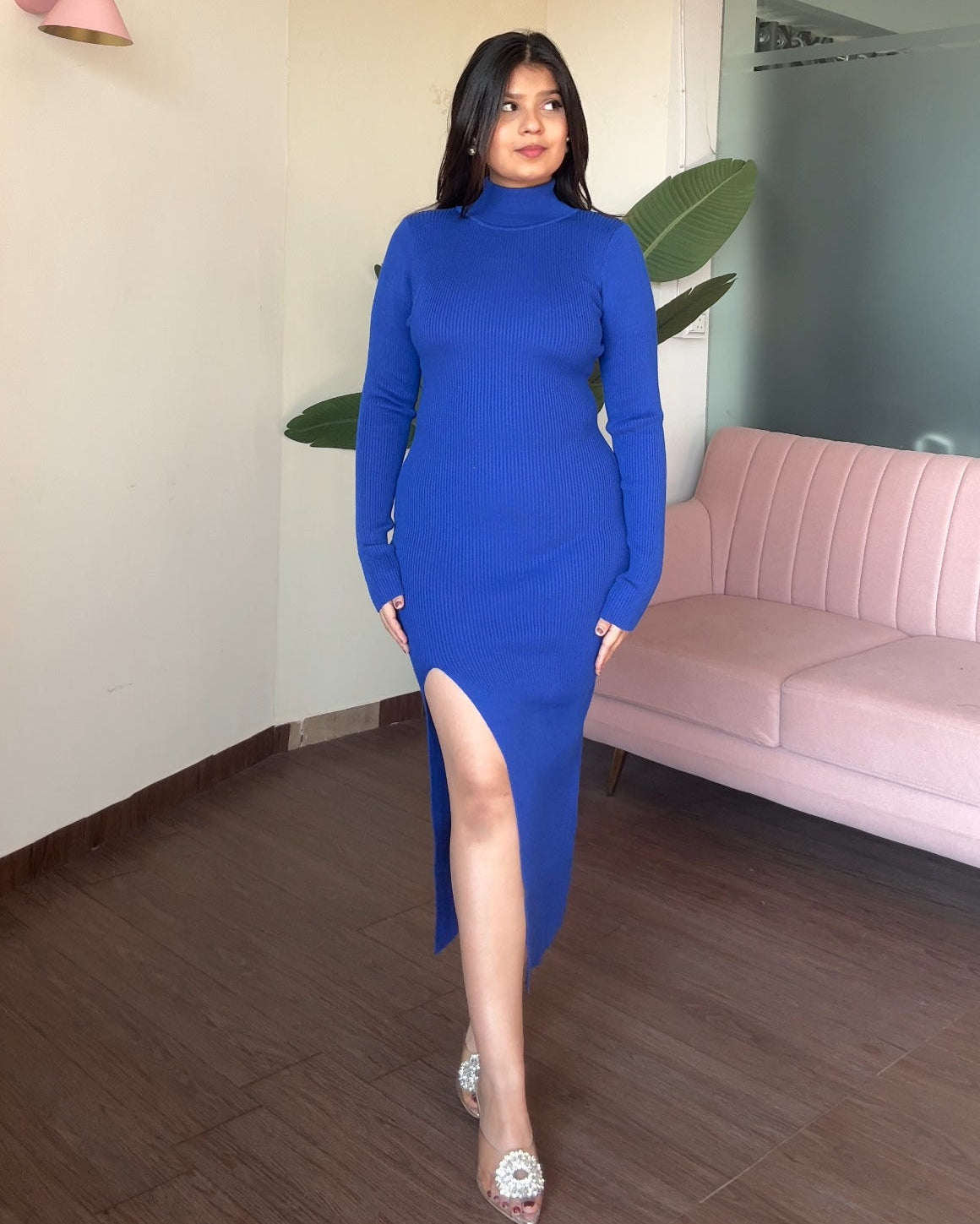 High Neck Bodycon Dress With Slit