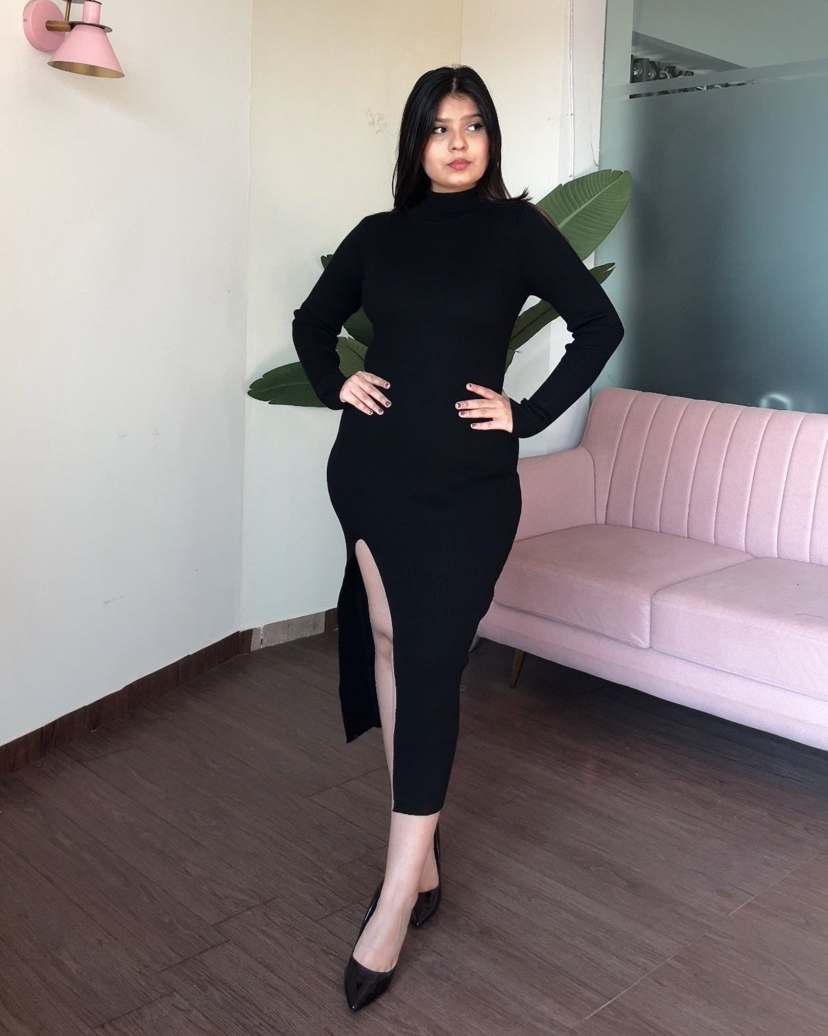 High Neck Bodycon Dress With Slit