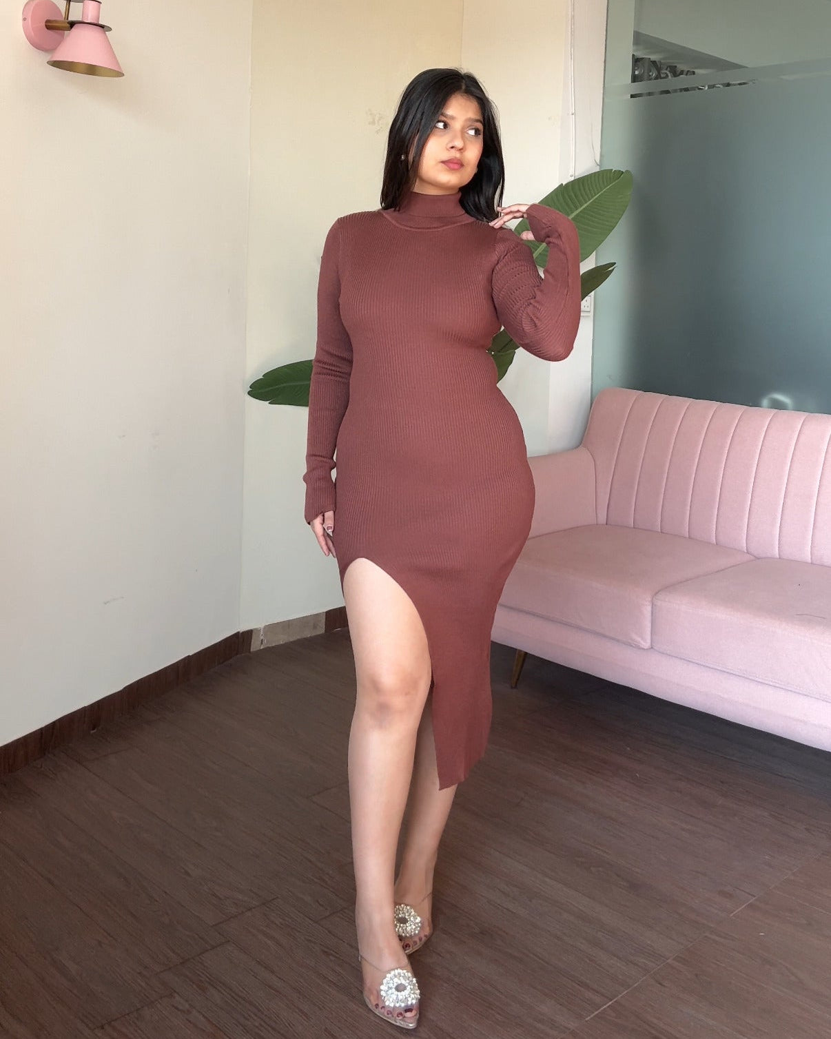 High Neck Bodycon Dress With Slit