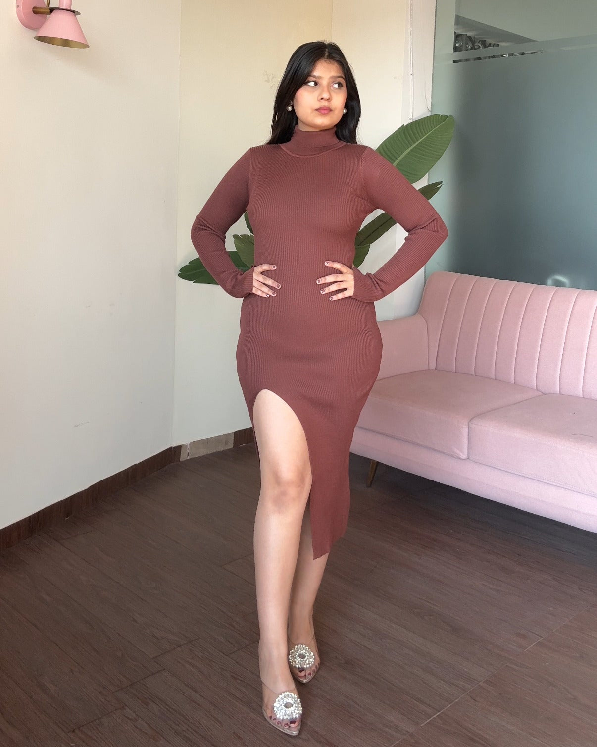 High Neck Bodycon Dress With Slit