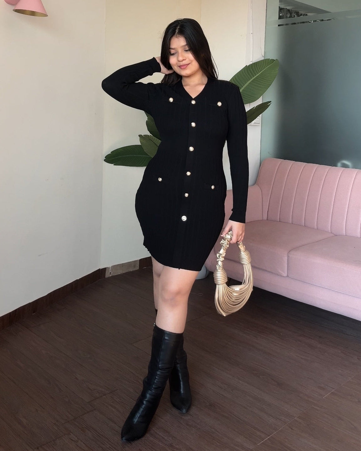 Silver Button V Neck Ribbed Winter Dress