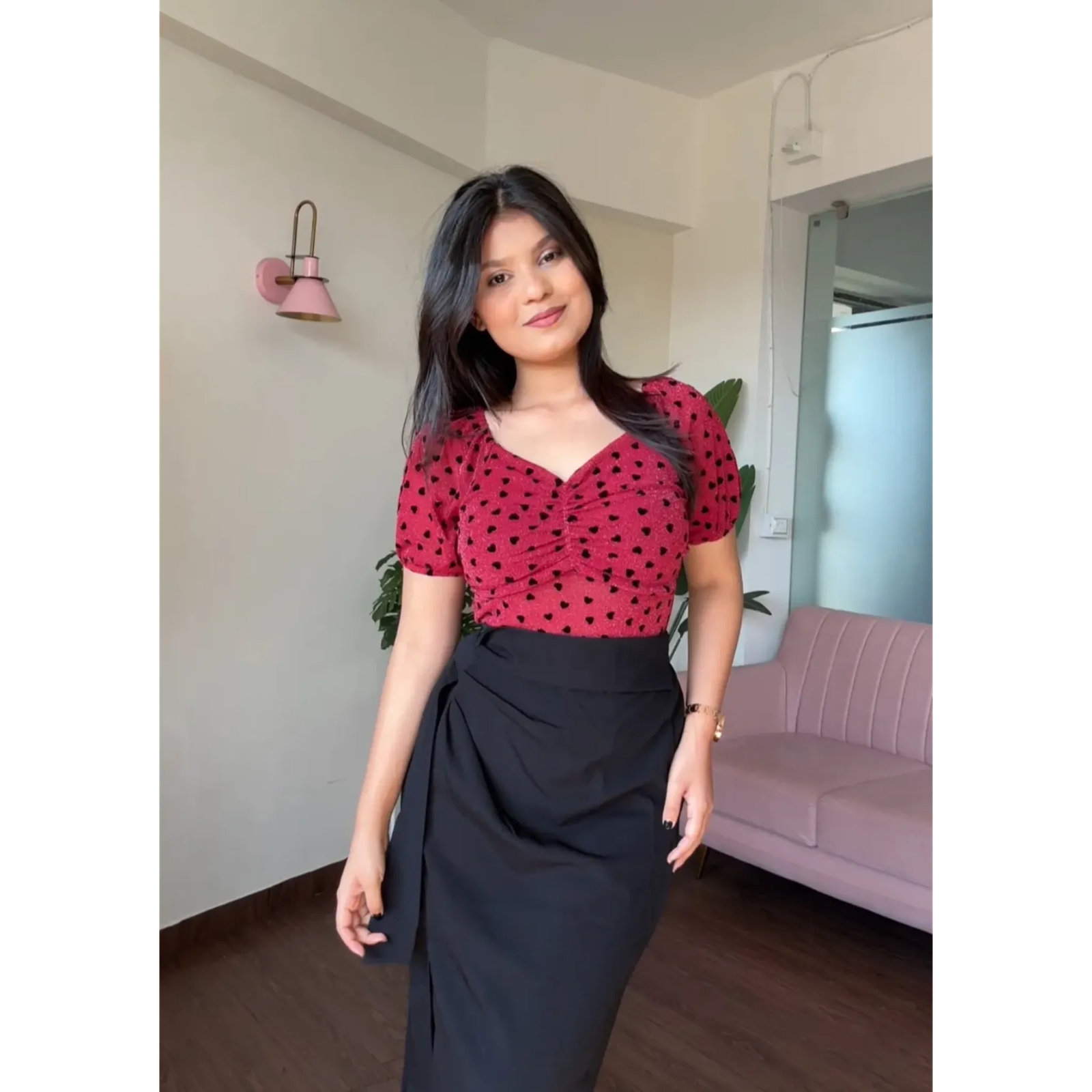 Heart Detailing Mesh Sweetheart Neck Top