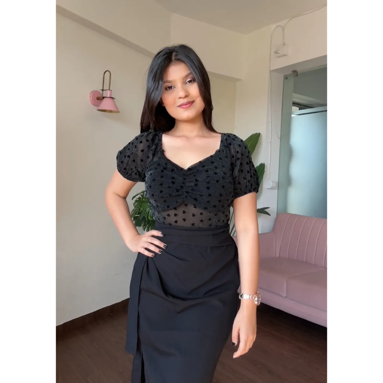 Heart Detailing Mesh Sweetheart Neck Top