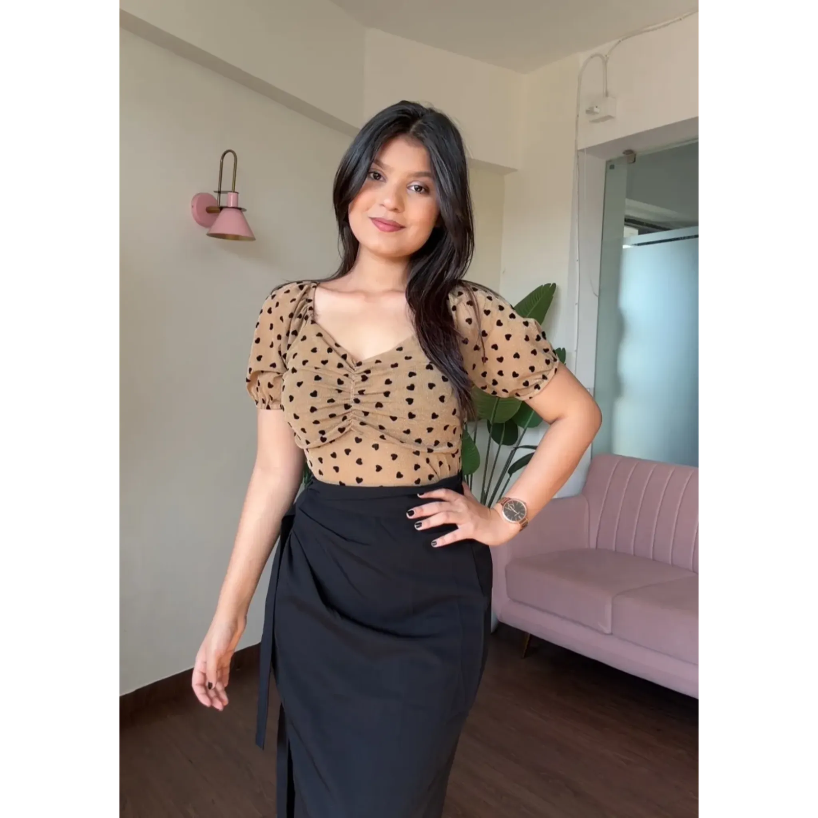 Heart Detailing Mesh Sweetheart Neck Top