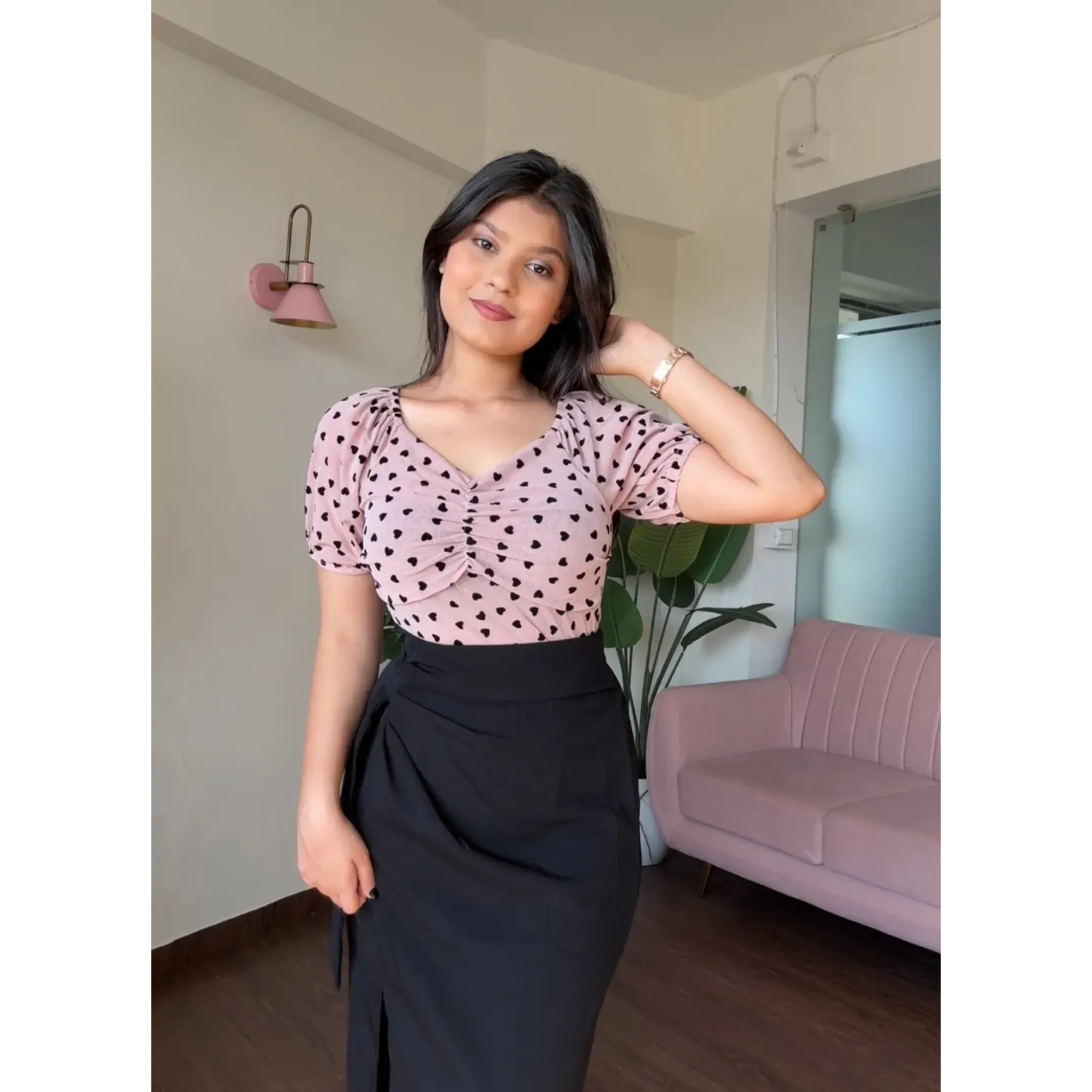 Heart Detailing Mesh Sweetheart Neck Top