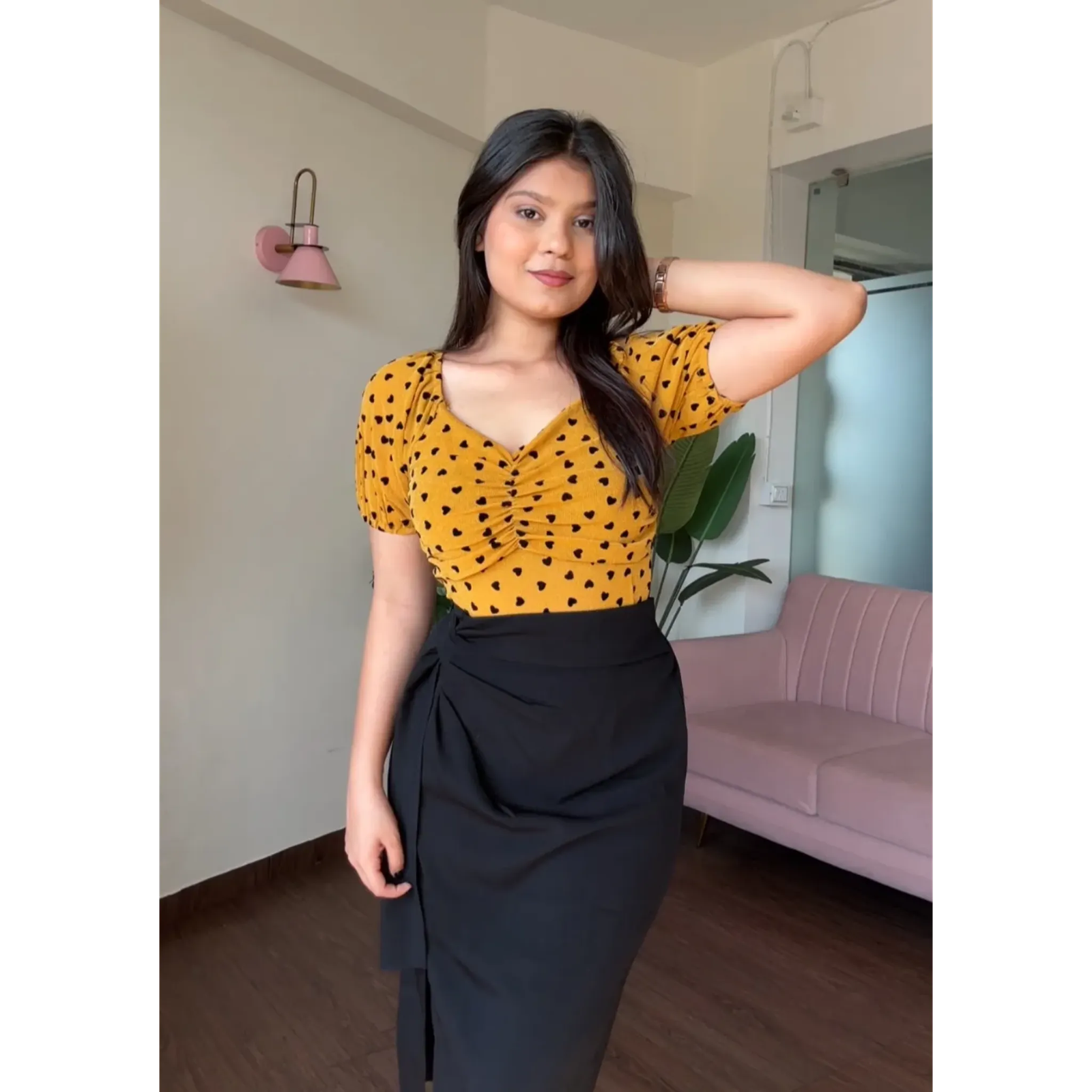 Heart Detailing Mesh Sweetheart Neck Top