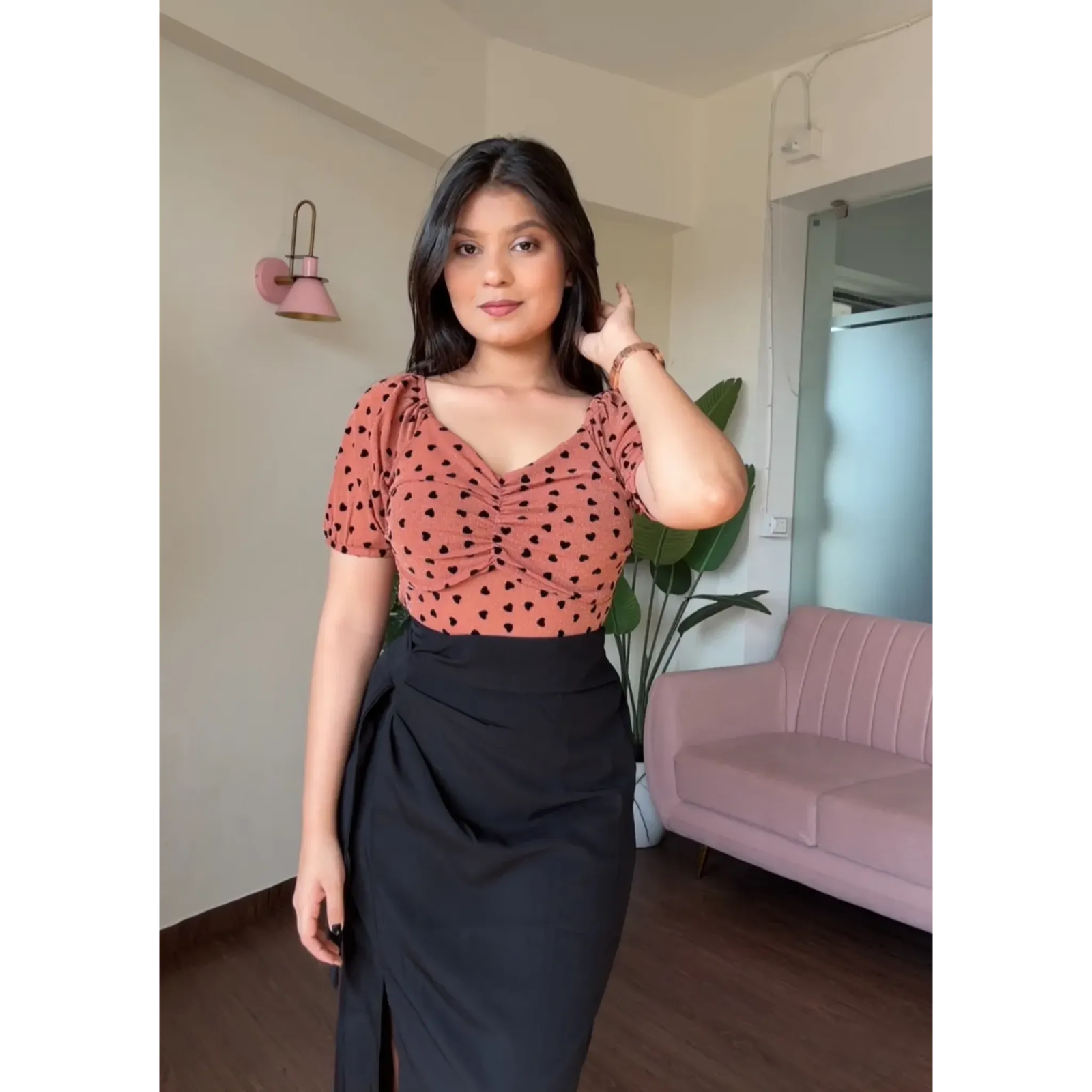 Heart Detailing Mesh Sweetheart Neck Top