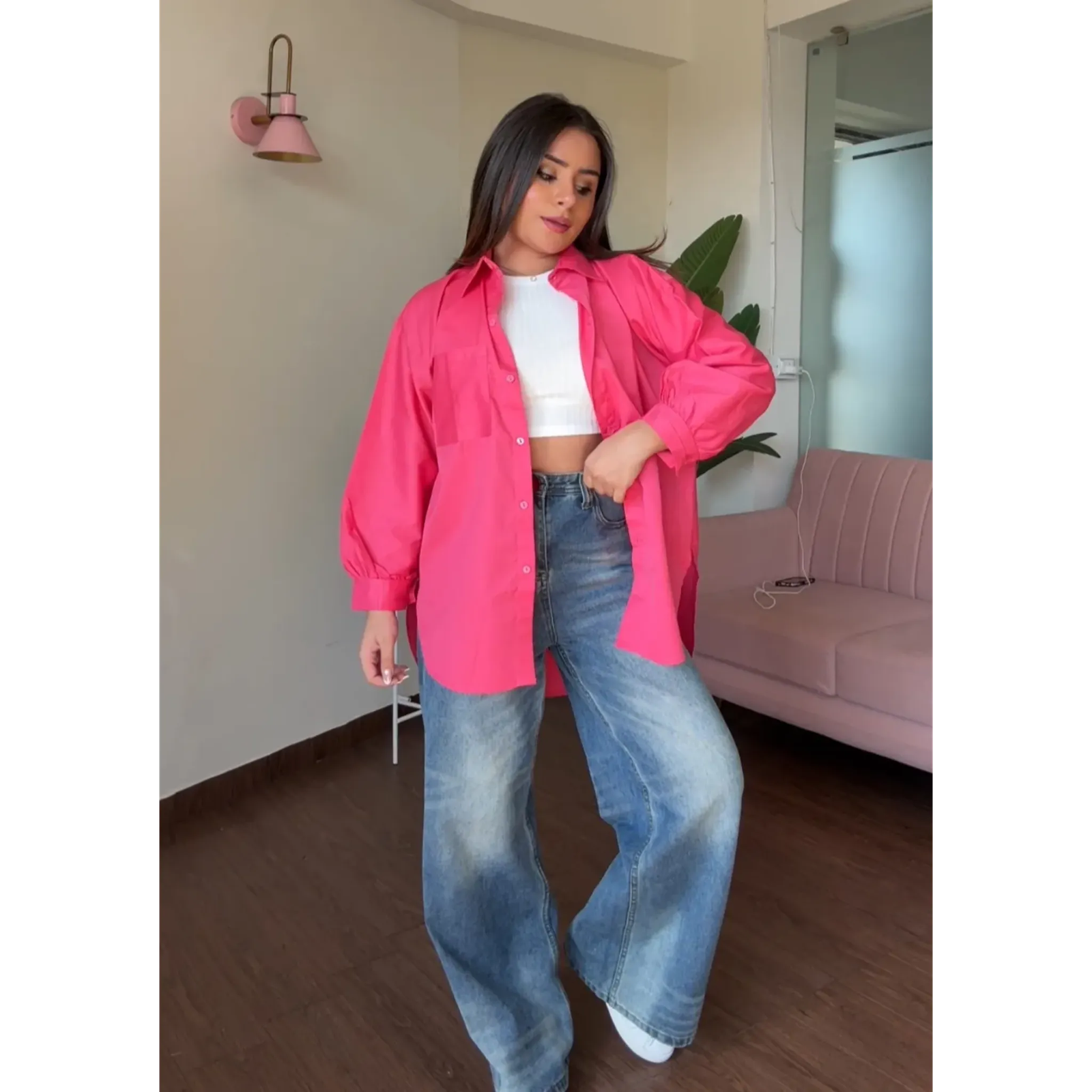 Candy Colour Solid Oversized Cotton Shirt