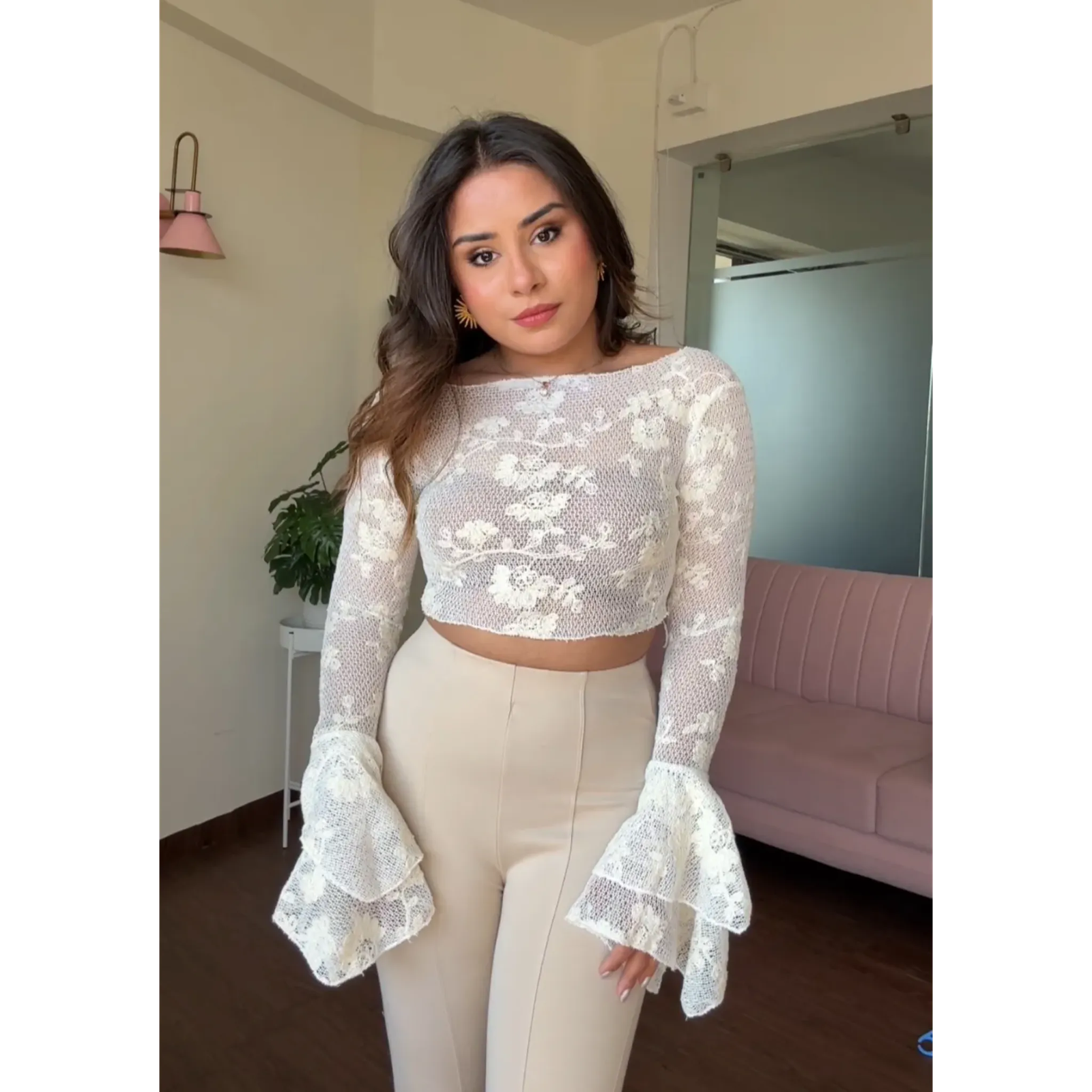 Net Floral Embroidered Bell Sleeves Top