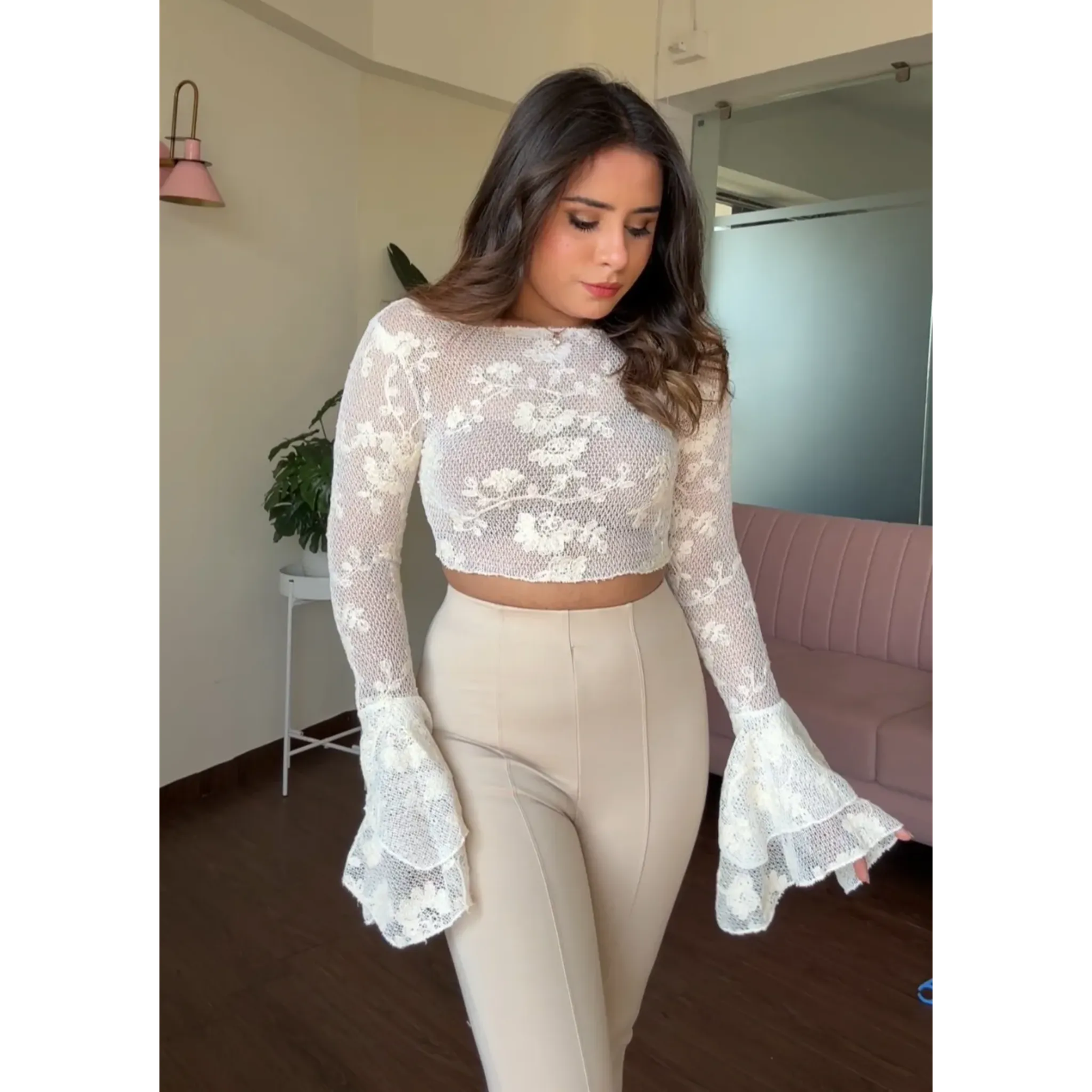 Net Floral Embroidered Bell Sleeves Top