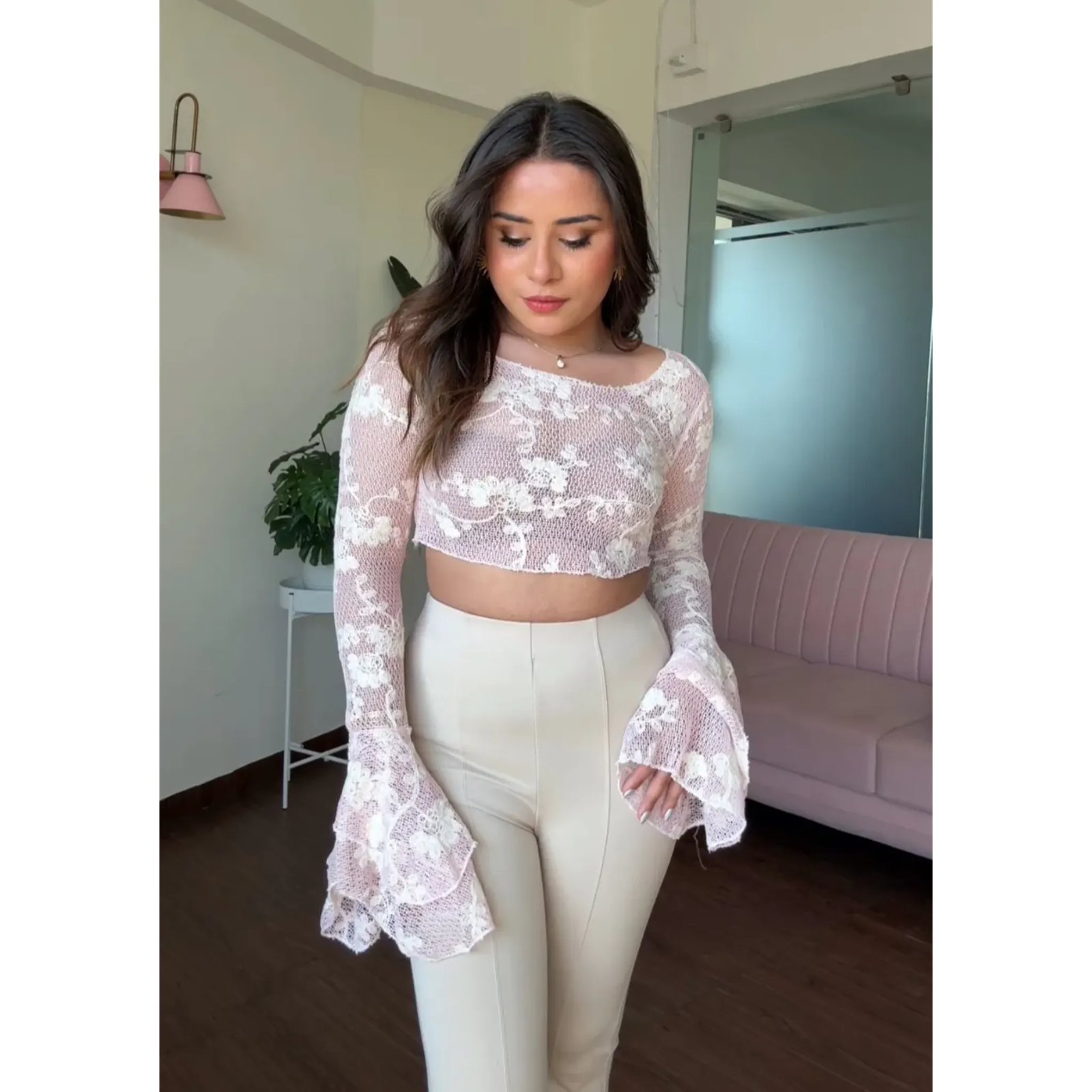 Net Floral Embroidered Bell Sleeves Top