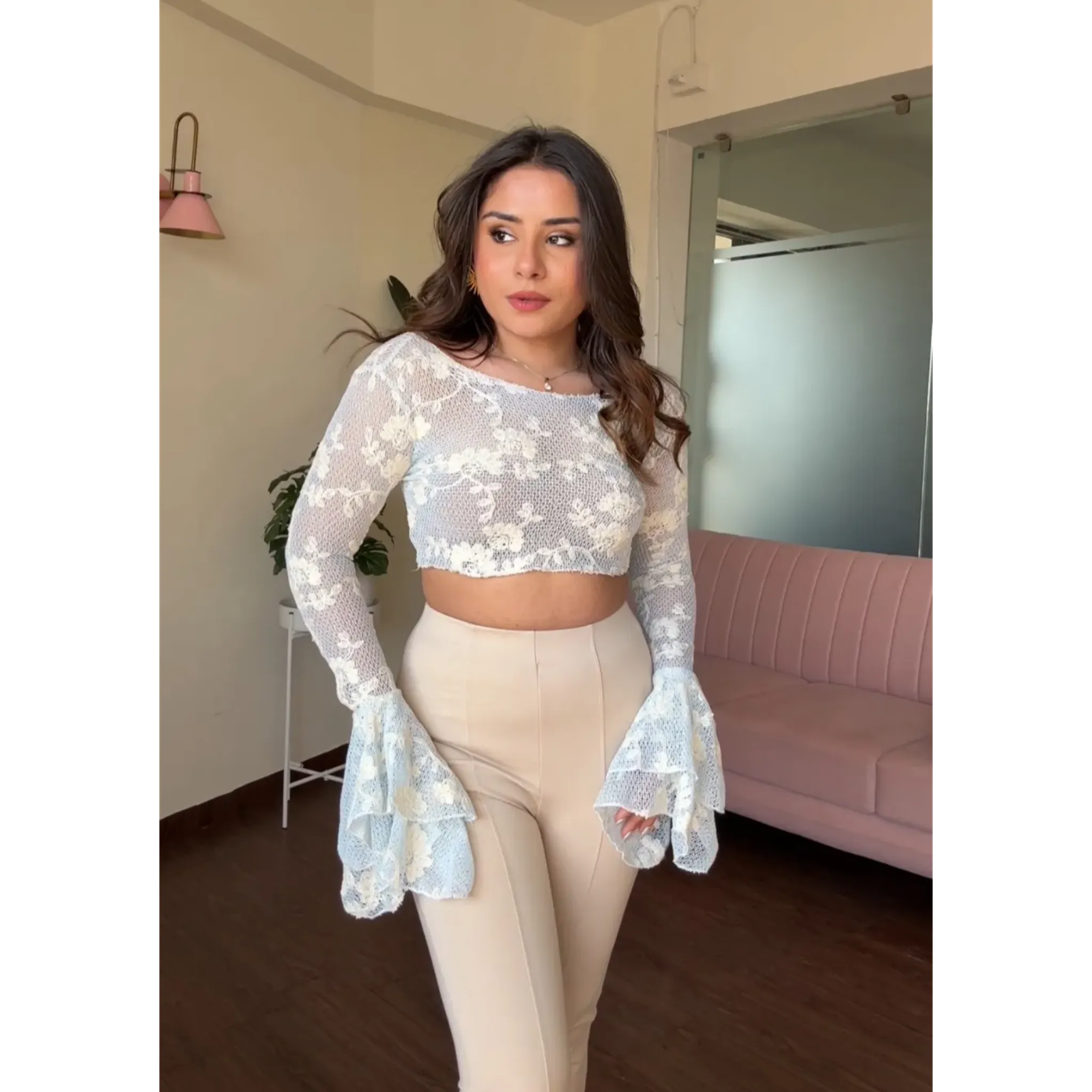 Net Floral Embroidered Bell Sleeves Top