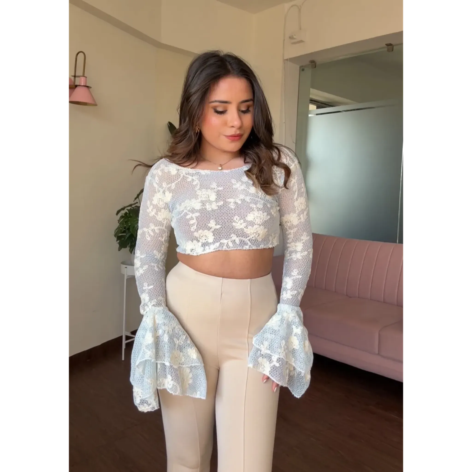 Net Floral Embroidered Bell Sleeves Top