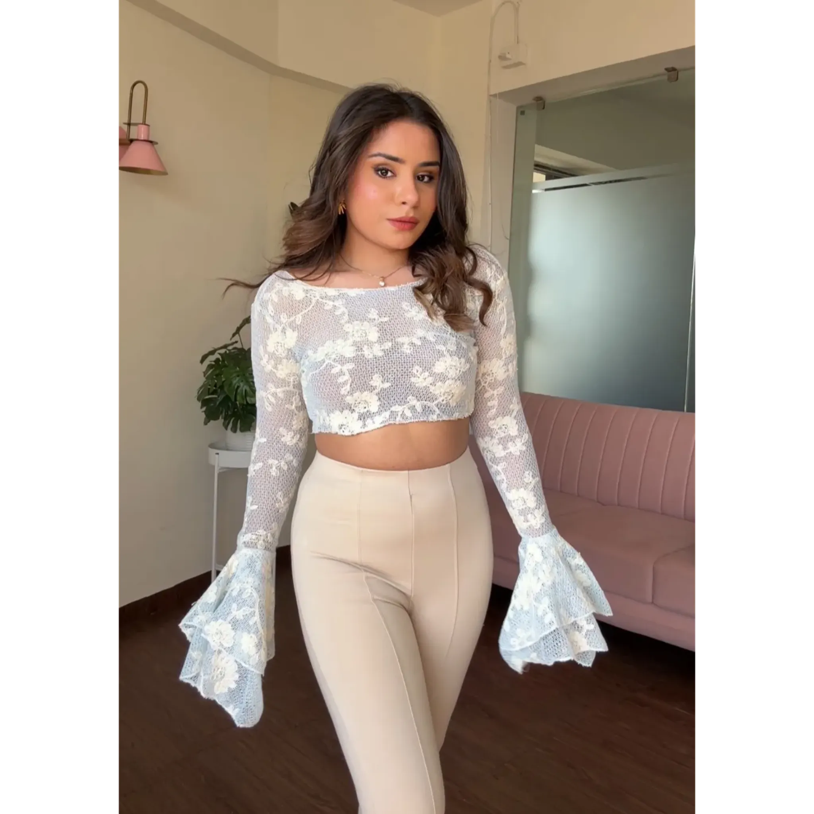 Net Floral Embroidered Bell Sleeves Top