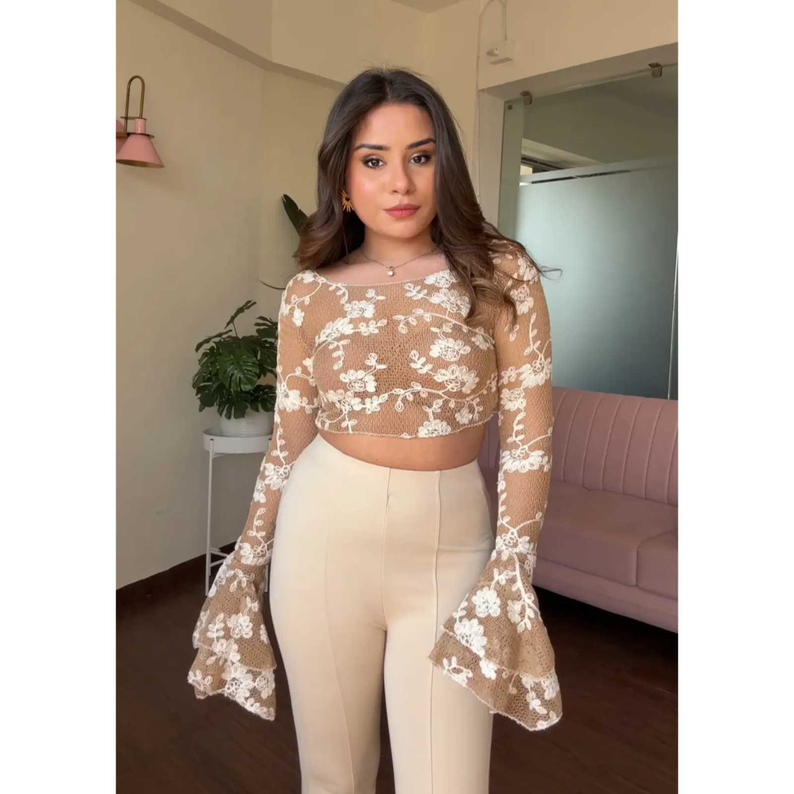 Net Floral Embroidered Bell Sleeves Top