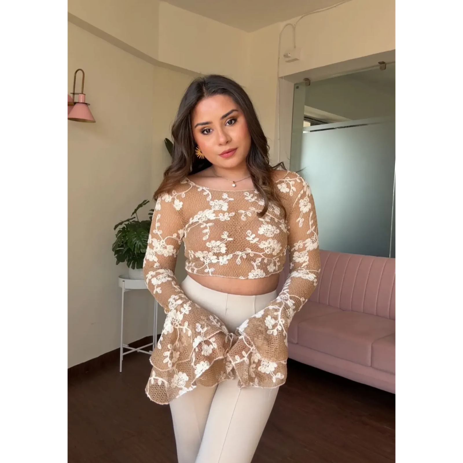 Net Floral Embroidered Bell Sleeves Top