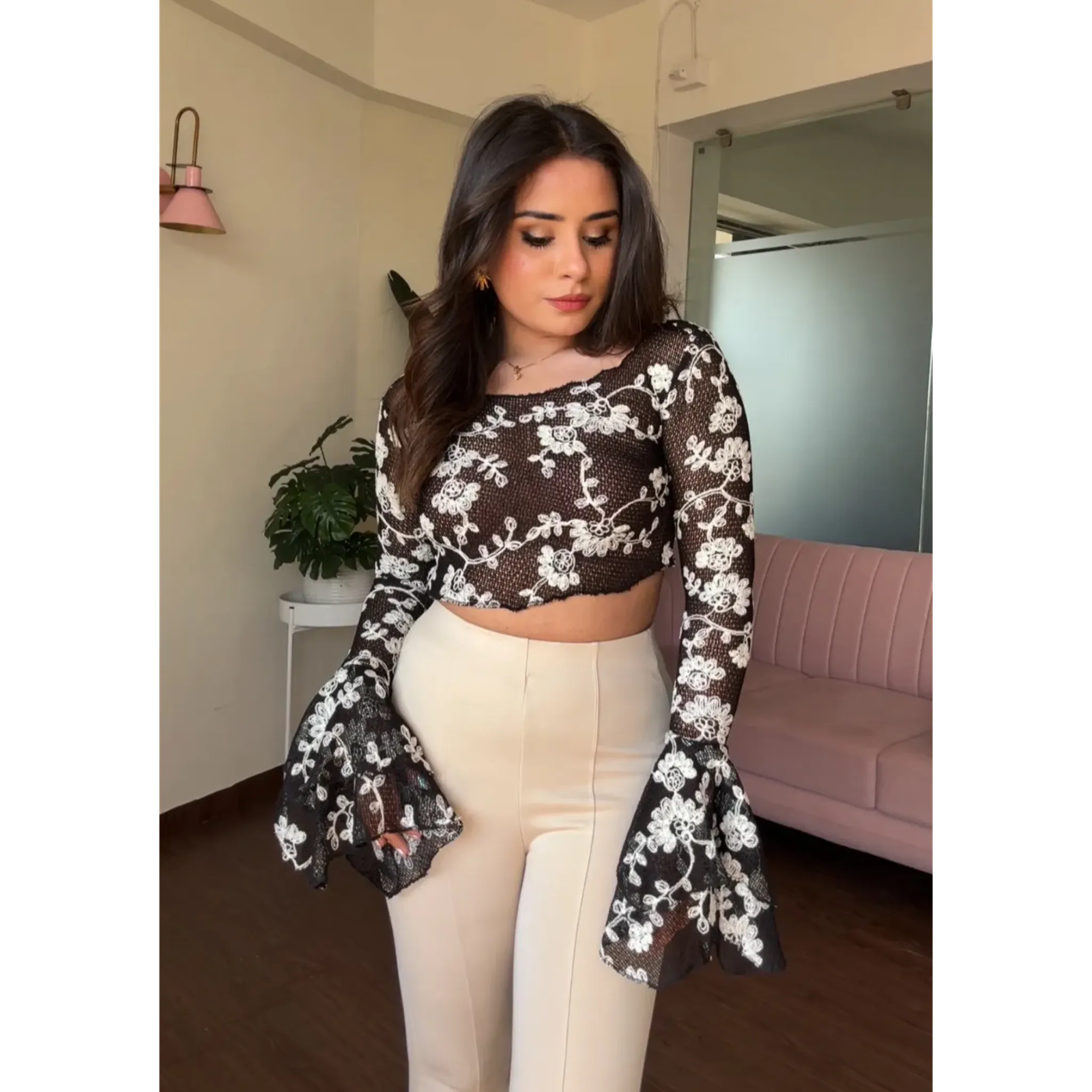 Net Floral Embroidered Bell Sleeves Top