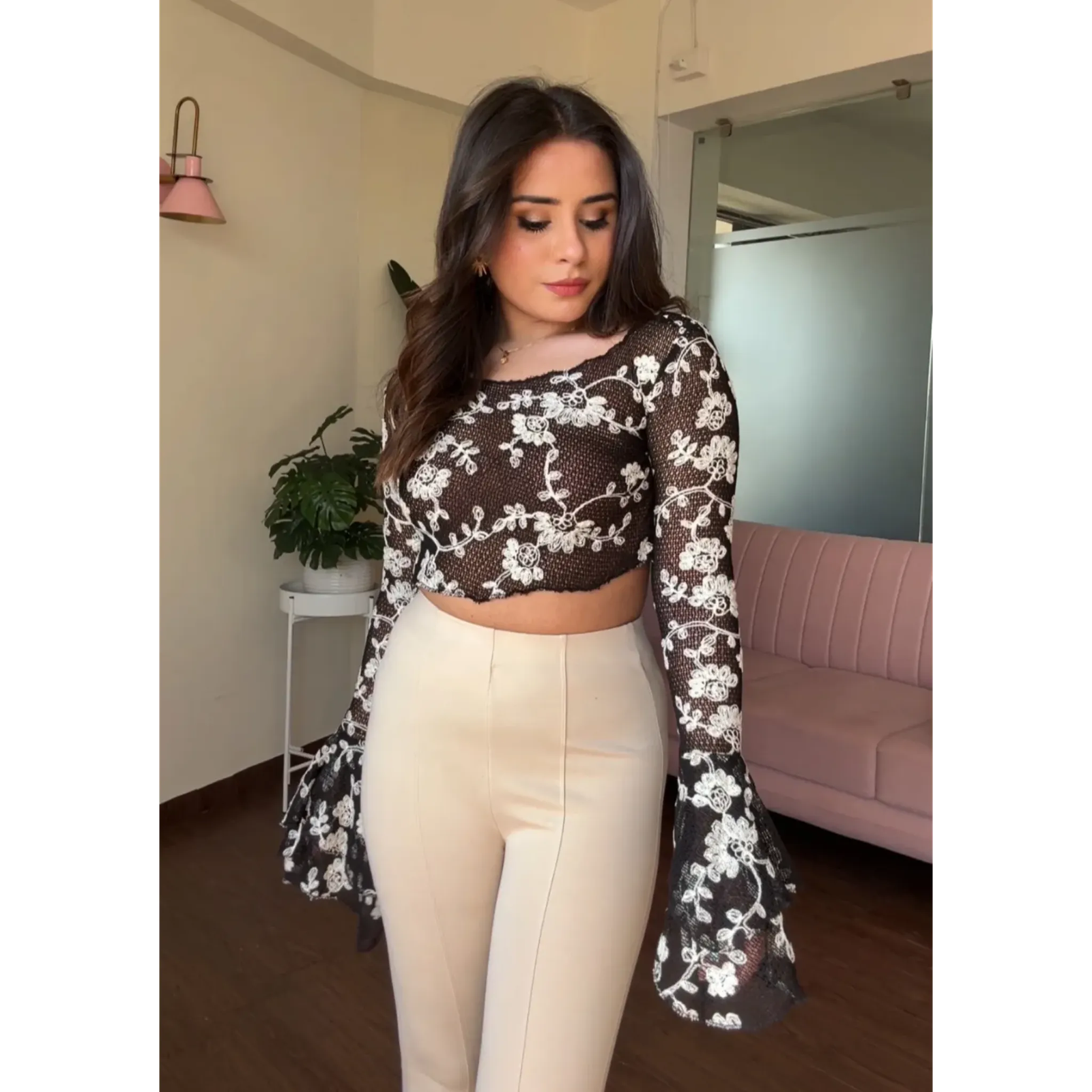 Net Floral Embroidered Bell Sleeves Top