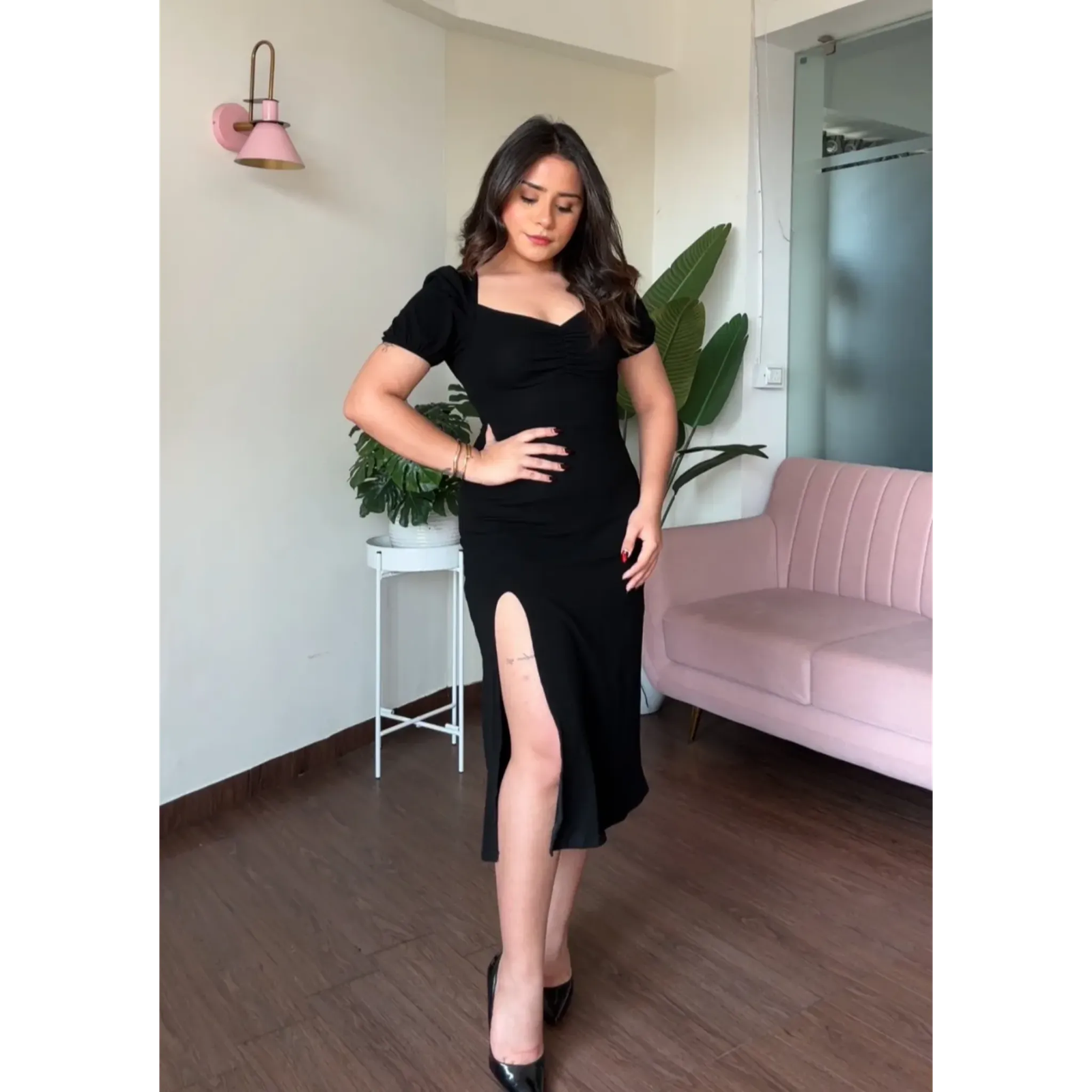 Solid Black Sweetheart Neck Slit Dress