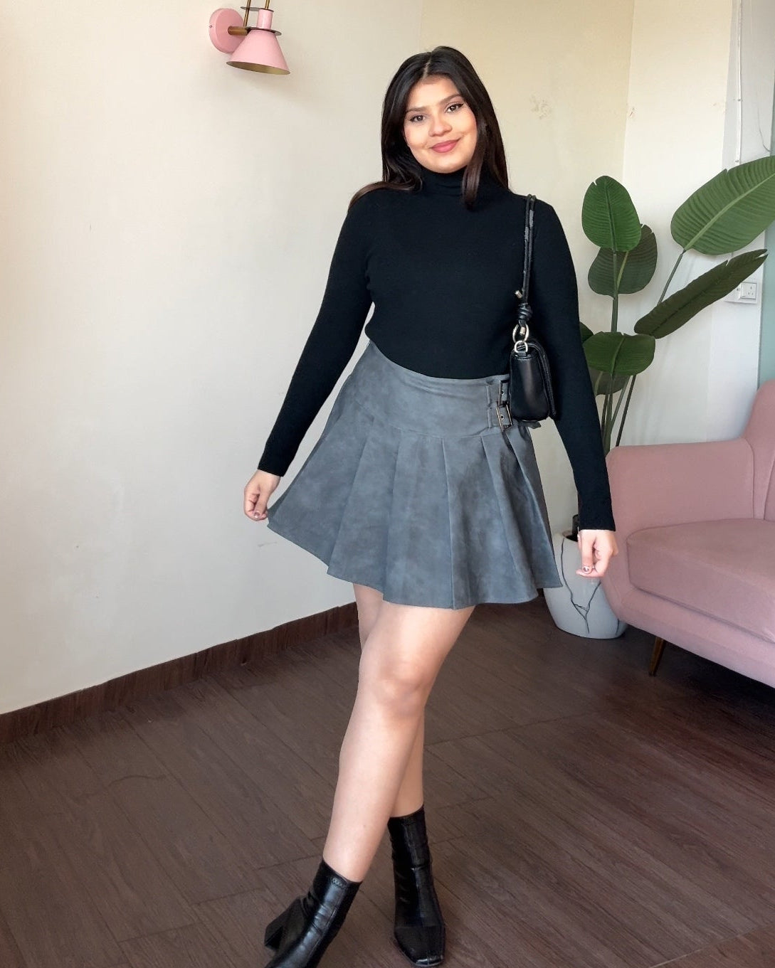 Leather Dual Belted Mini Pleated Skirt