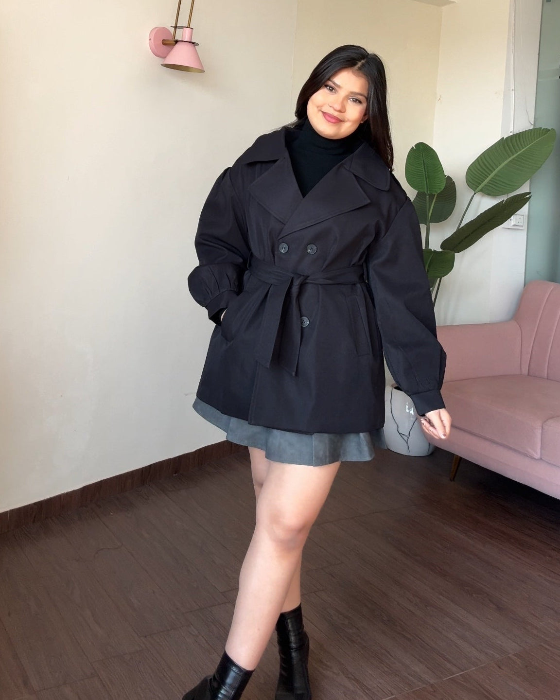 Fit And Flared Mini Black Trench Coat