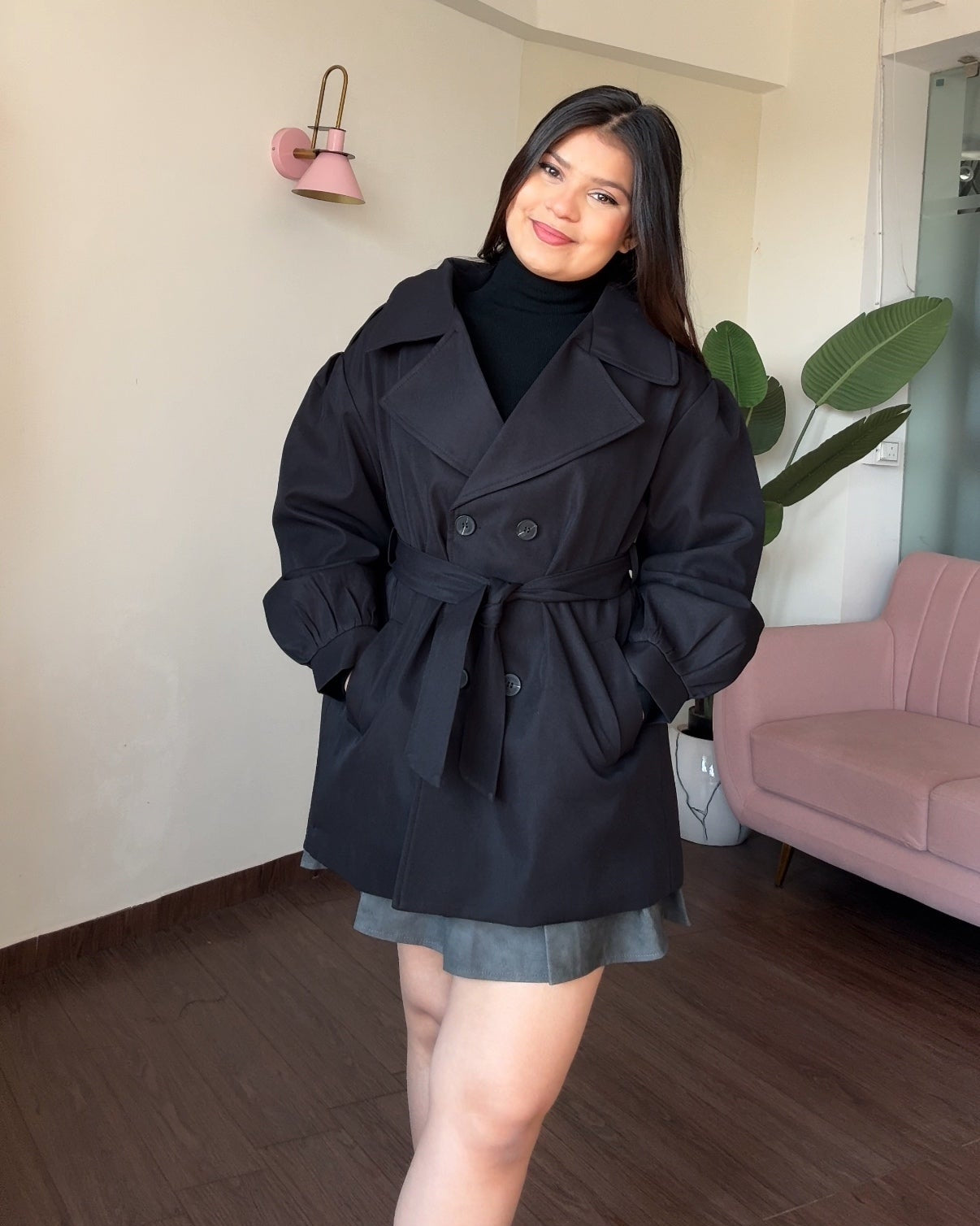 Fit And Flared Mini Black Trench Coat