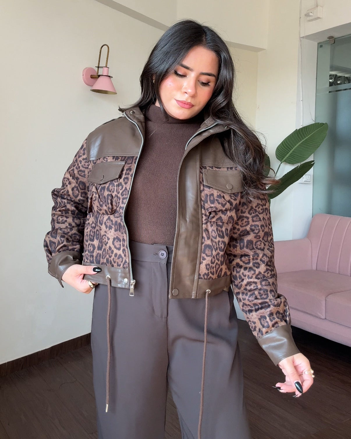 Leather Detailing Cheetah Printed Premium Jacket