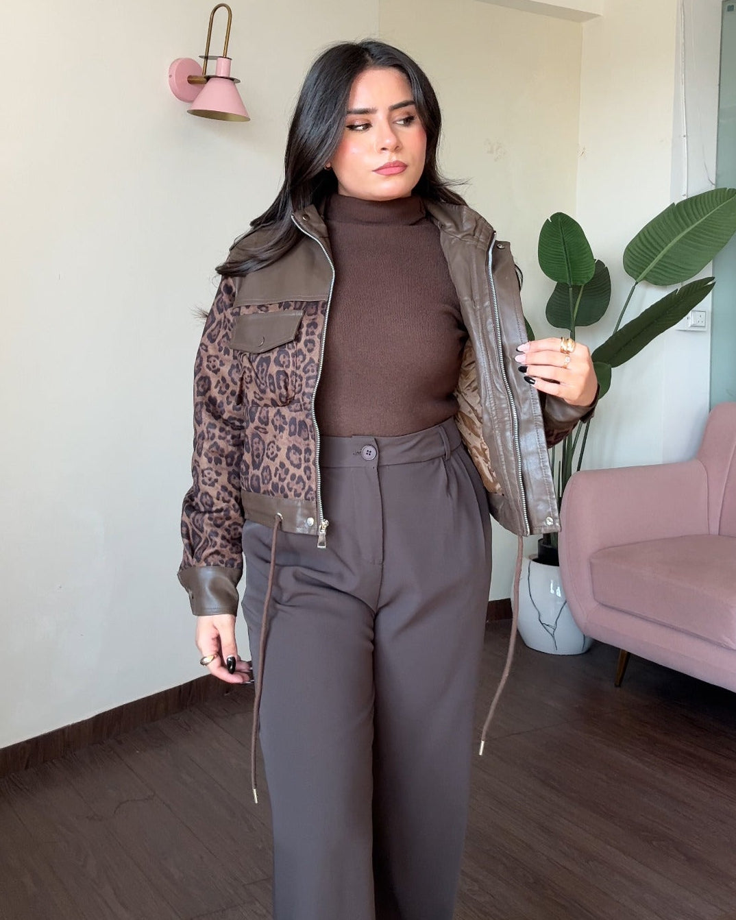 Leather Detailing Cheetah Printed Premium Jacket