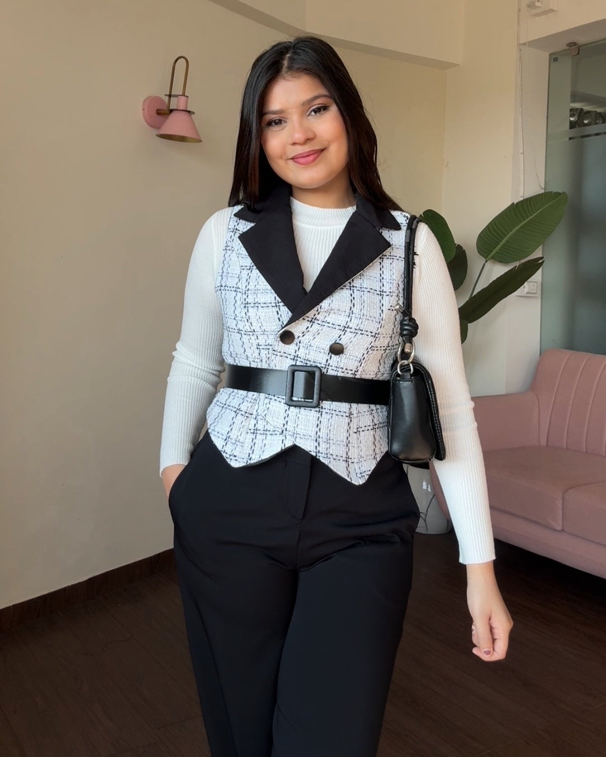 3 Piece Tweed Top With White Ribbed Inner And Belt