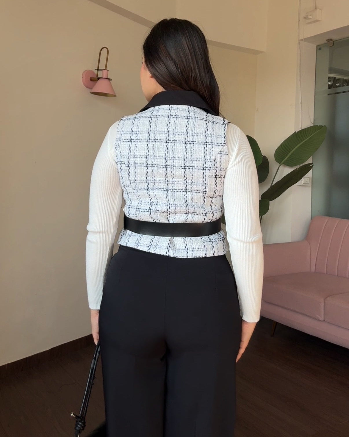 3 Piece Tweed Top With White Ribbed Inner And Belt