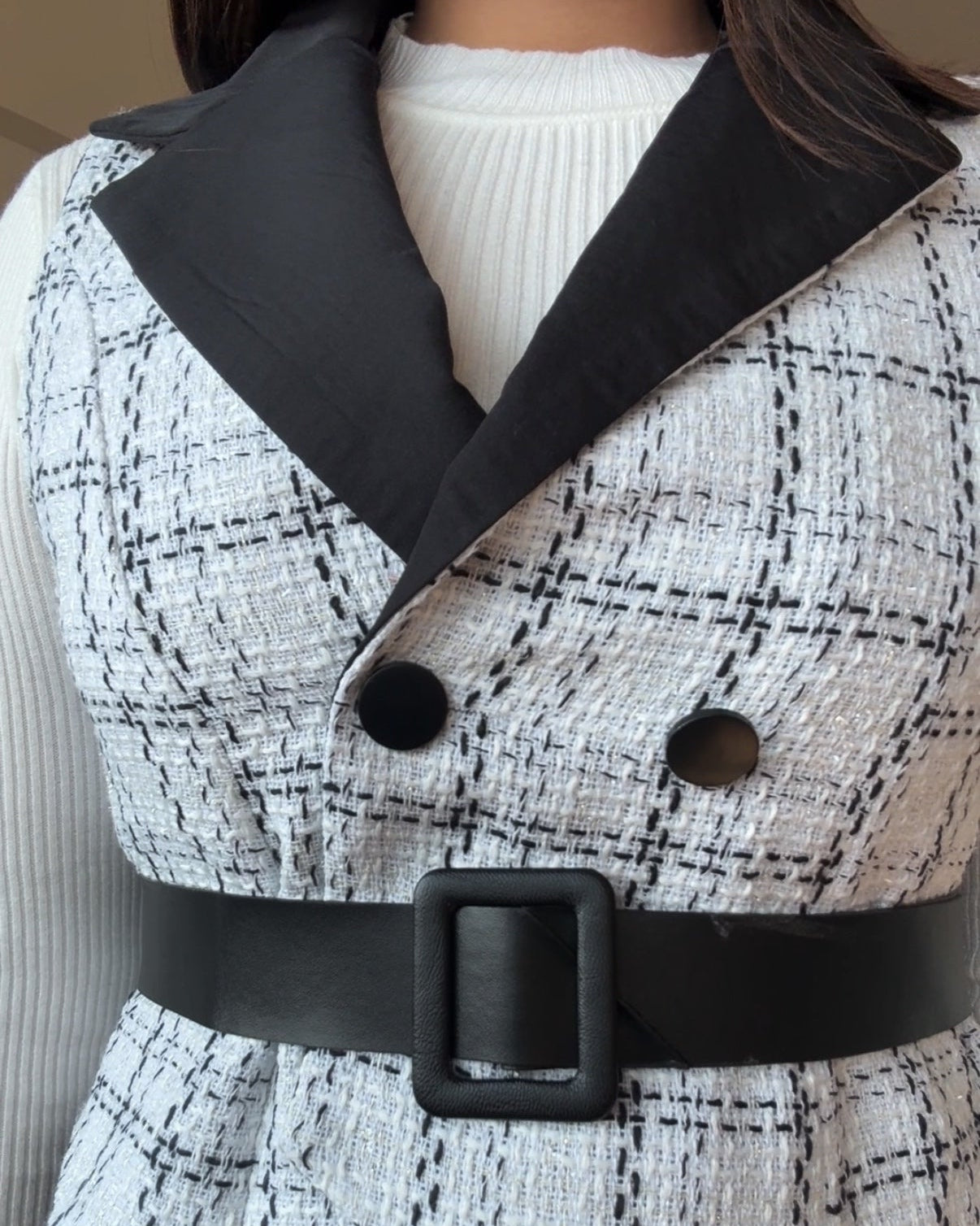 3 Piece Tweed Top With White Ribbed Inner And Belt