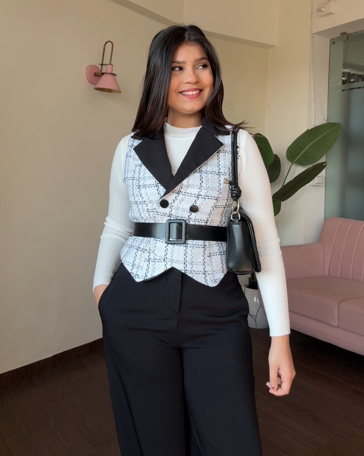 3 Piece Tweed Top With White Ribbed Inner And Belt