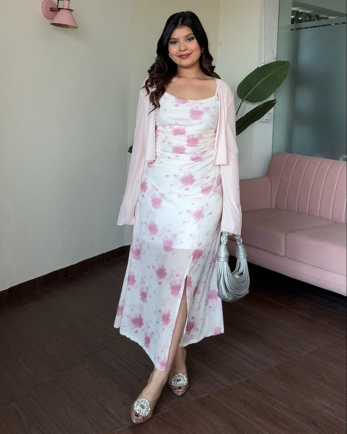 Rhinestone Detailing Floral Fit And Flare Dress With Shrug