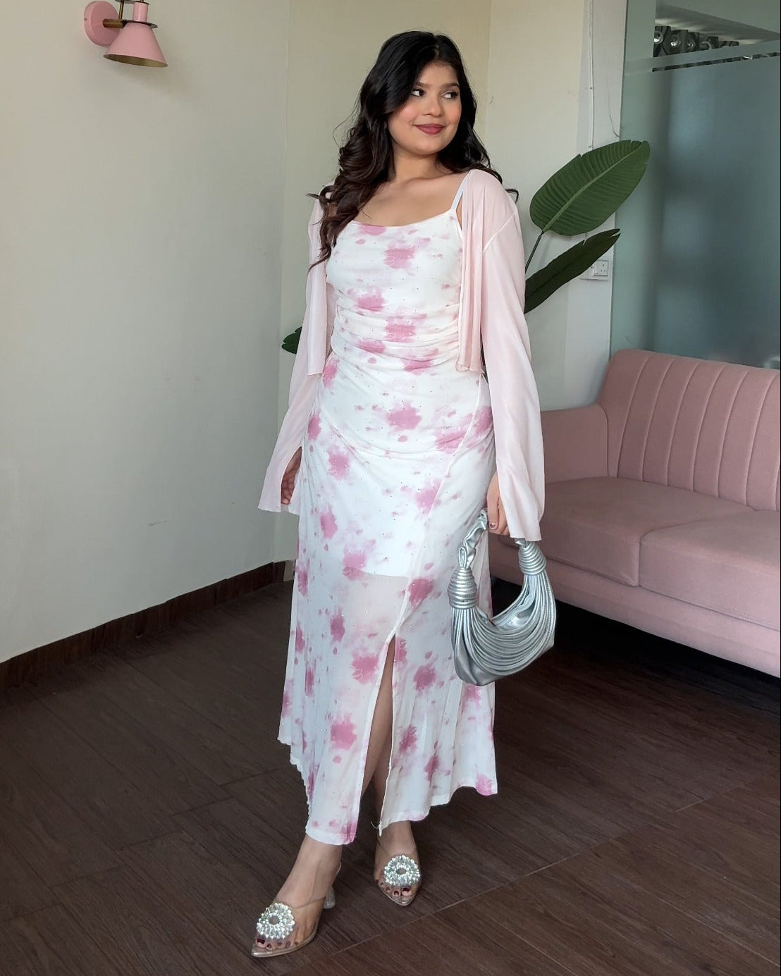 Rhinestone Detailing Floral Fit And Flare Dress With Shrug