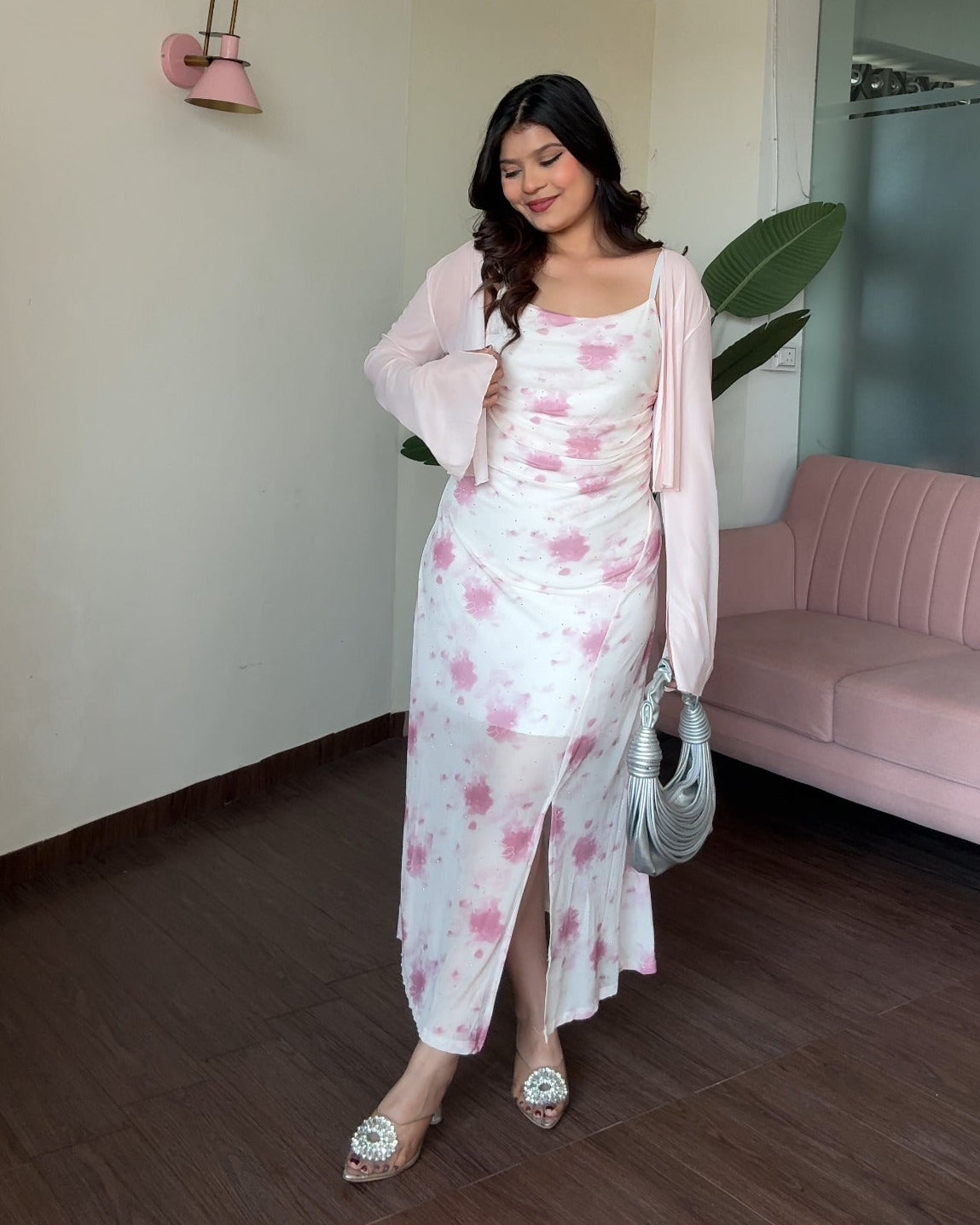 Rhinestone Detailing Floral Fit And Flare Dress With Shrug