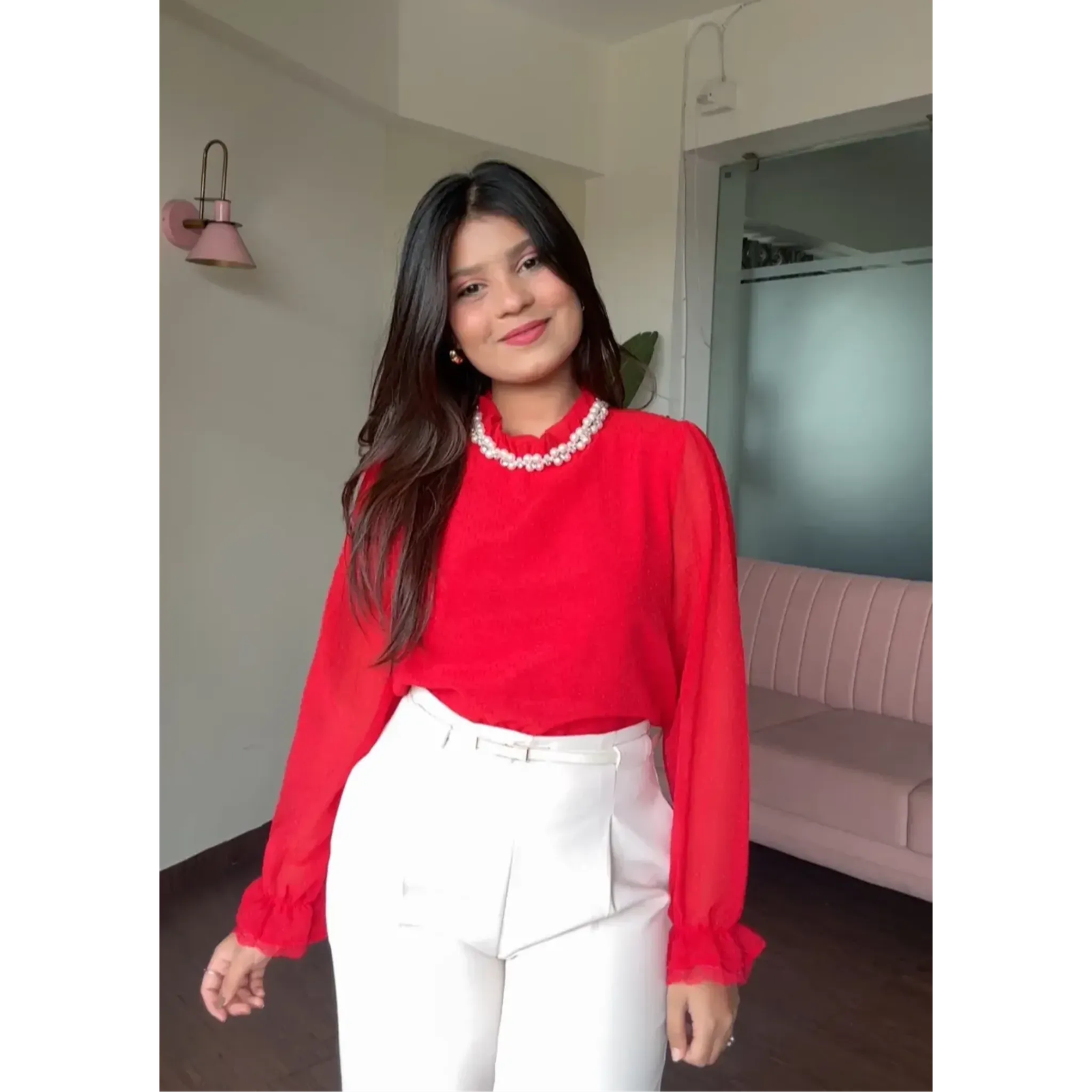 Rhinestone And Pearl Studded Bell Sleeves Chiffon Blouse