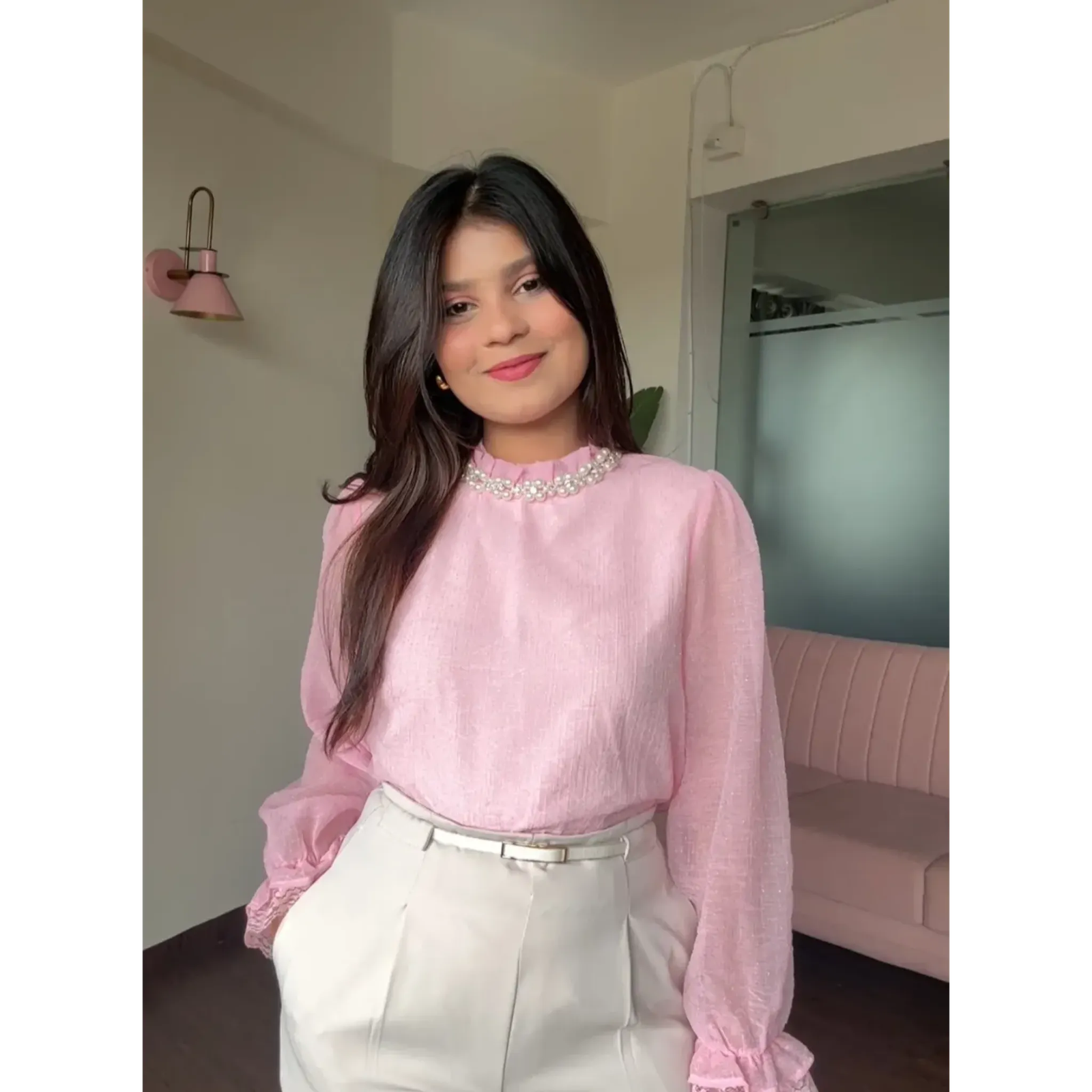 Rhinestone And Pearl Studded Bell Sleeves Chiffon Blouse