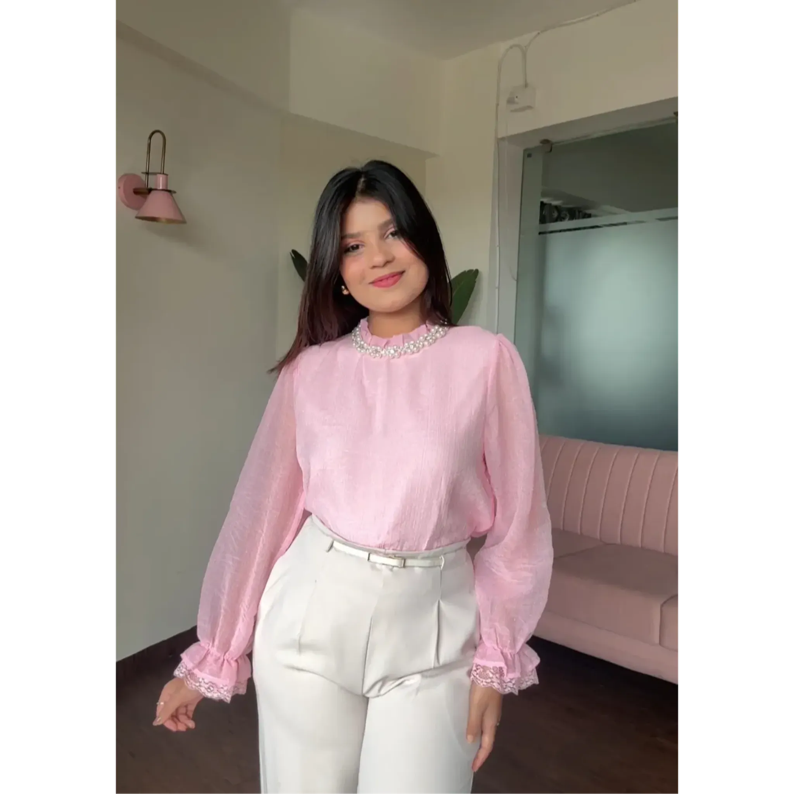 Rhinestone And Pearl Studded Bell Sleeves Chiffon Blouse