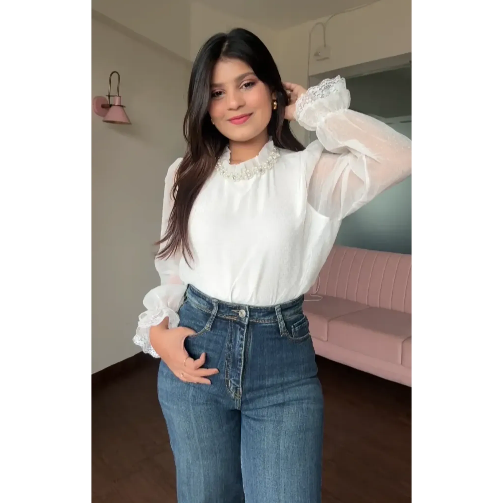 Rhinestone And Pearl Studded Bell Sleeves Chiffon Blouse