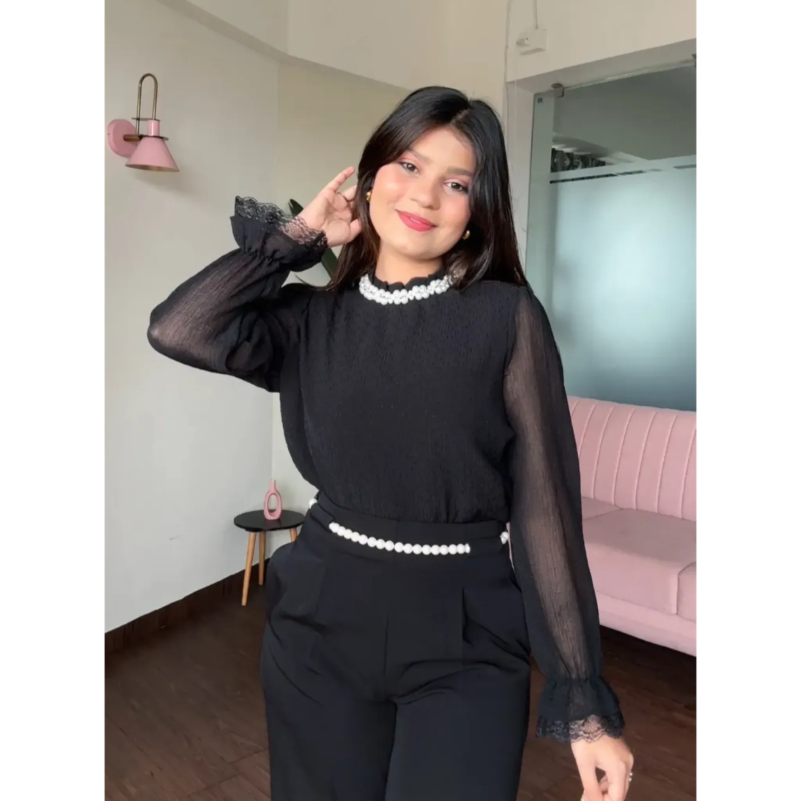 Rhinestone And Pearl Studded Bell Sleeves Chiffon Blouse