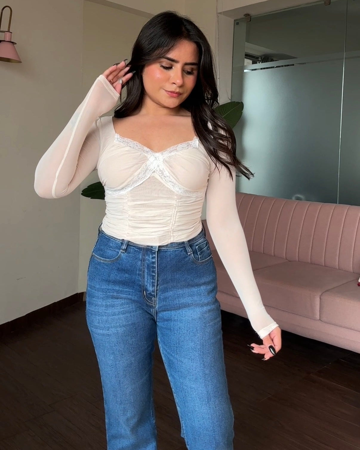 Fitted Lace Detailing Mesh Top