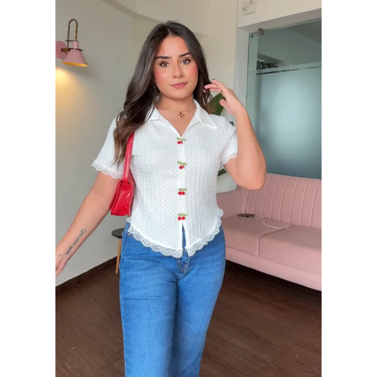 Cherry Detailed Textured Cut Sleeves Collared Top